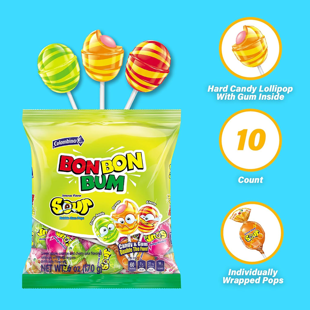 Colombina Bon Bon Bum Intense Sour Lollipops, Assorted Sour Fruit Flavors with Bubble Gum Center, Individually Wrapped, 6 oz (Pack of 1)