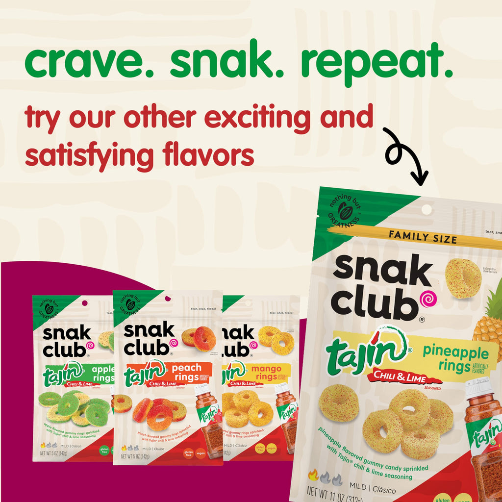 Snak Club Tajin Mango Rings Gummy Candy, Fruit Candy Gummies with Chili and Lime Seasoning, Mild, Gluten-Free and Vegan Snacks, 11 oz Resealable Bag