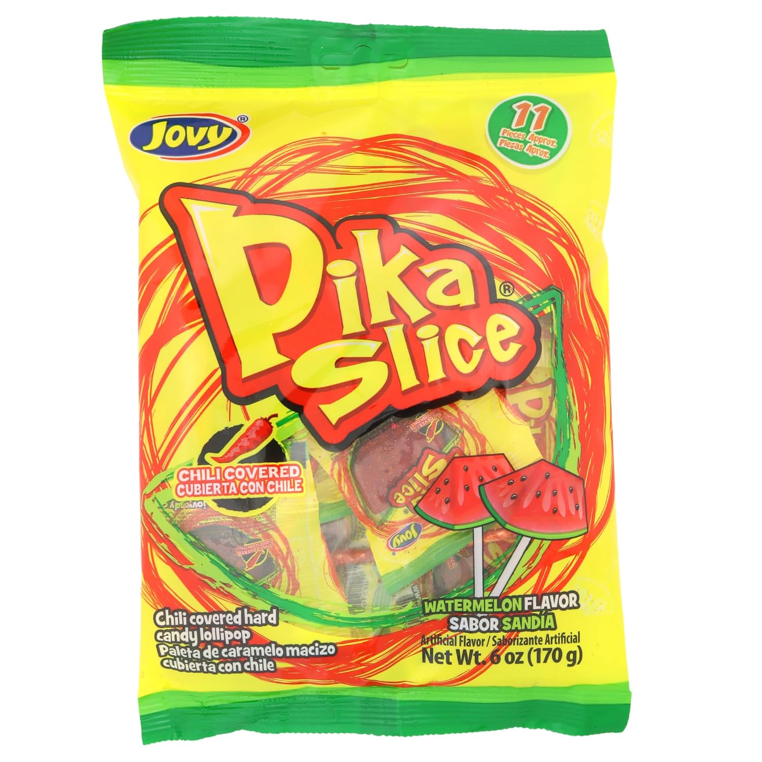 Watermelon Chili Lollipops, Individually Wrapped Mexican Suckers, Pinata Candy and Party Favors, Swirl Sticker Included, 6 Ounce Bags, (Pack of 2)