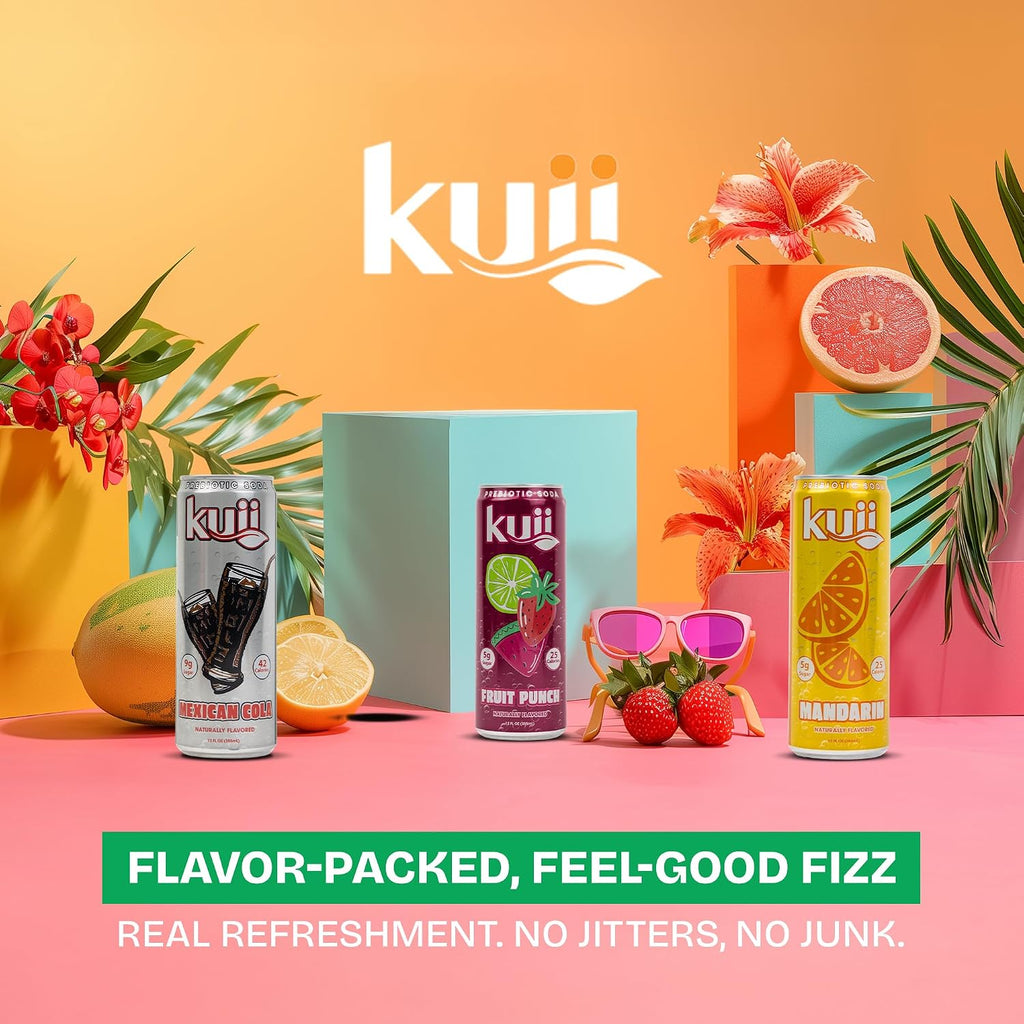 Kuii Prebiotic Soda Variety Pack – 12 Count with Mexican Cola, Mandarin & Fruit Punch Flavors – Sparkling Gut-Friendly Drinks for Refreshing, Guilt-Free Hydration, 12 fl oz Cans