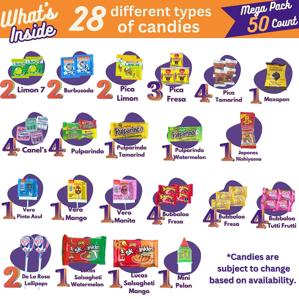 Mexican Candy Variety Pack 50 pieces, Authentic Dulces Mexicanos, Mexican Snacks, Includes Vero, Lucas, Pulparindo. Spicy, Sweet and Sour Assortment Mix Candy, Fiesta, Birthdays