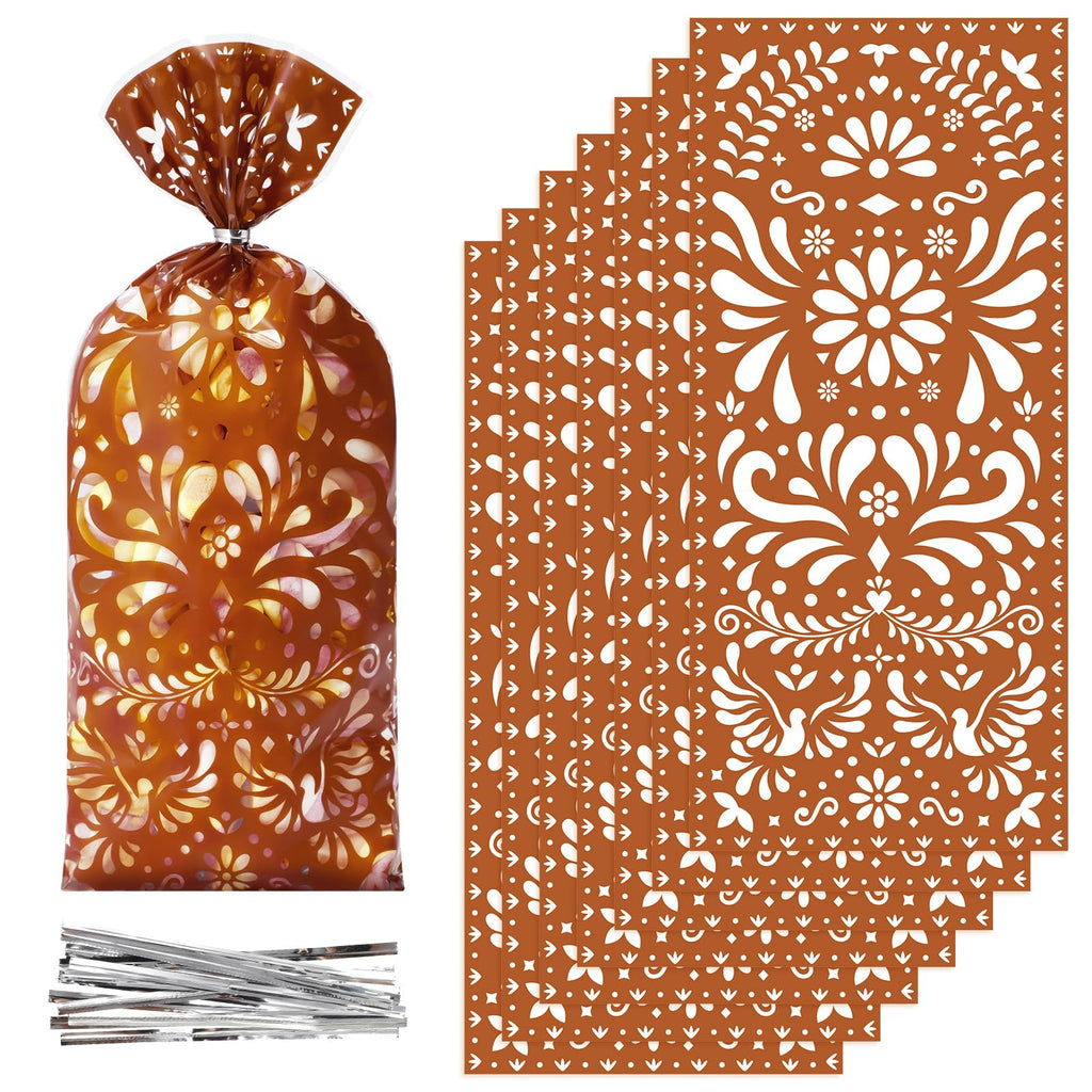 Funrous 100 Pcs Cielito Lindo Candy Bags Mexican Fiesta Gift Bags with Twist Ties Cinco De Mayo Party Favors Barro Candy Sack Talavera Sack for Mexican Wedding Fiesta Party Supplies(Brown Series)