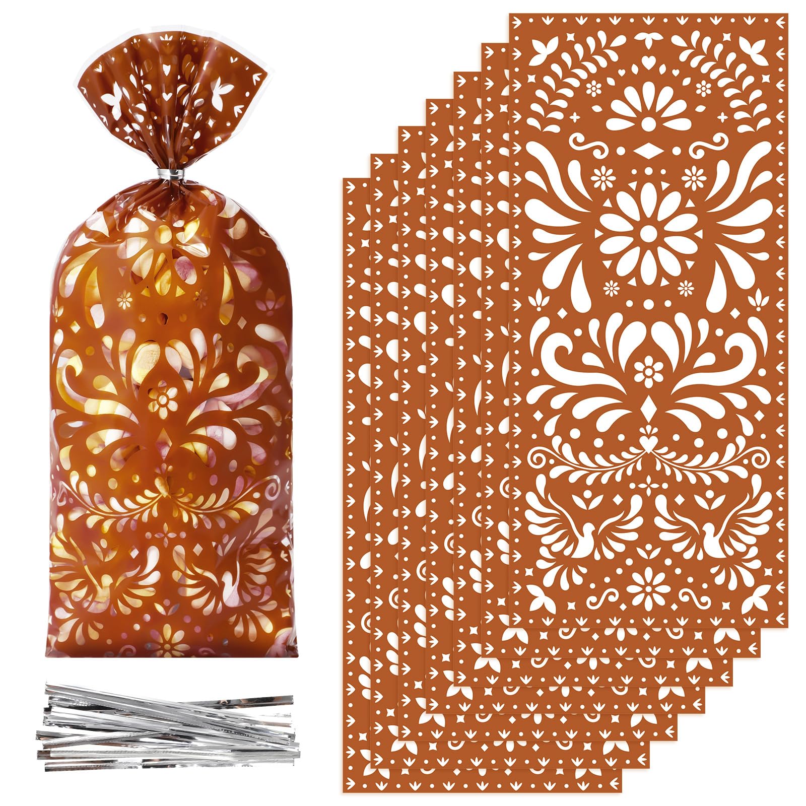Funrous 100 Pcs Cielito Lindo Candy Bags Mexican Fiesta Gift Bags with Twist Ties Cinco De Mayo Party Favors Barro Candy Sack Talavera Sack for Mexican Wedding Fiesta Party Supplies(Brown Series)