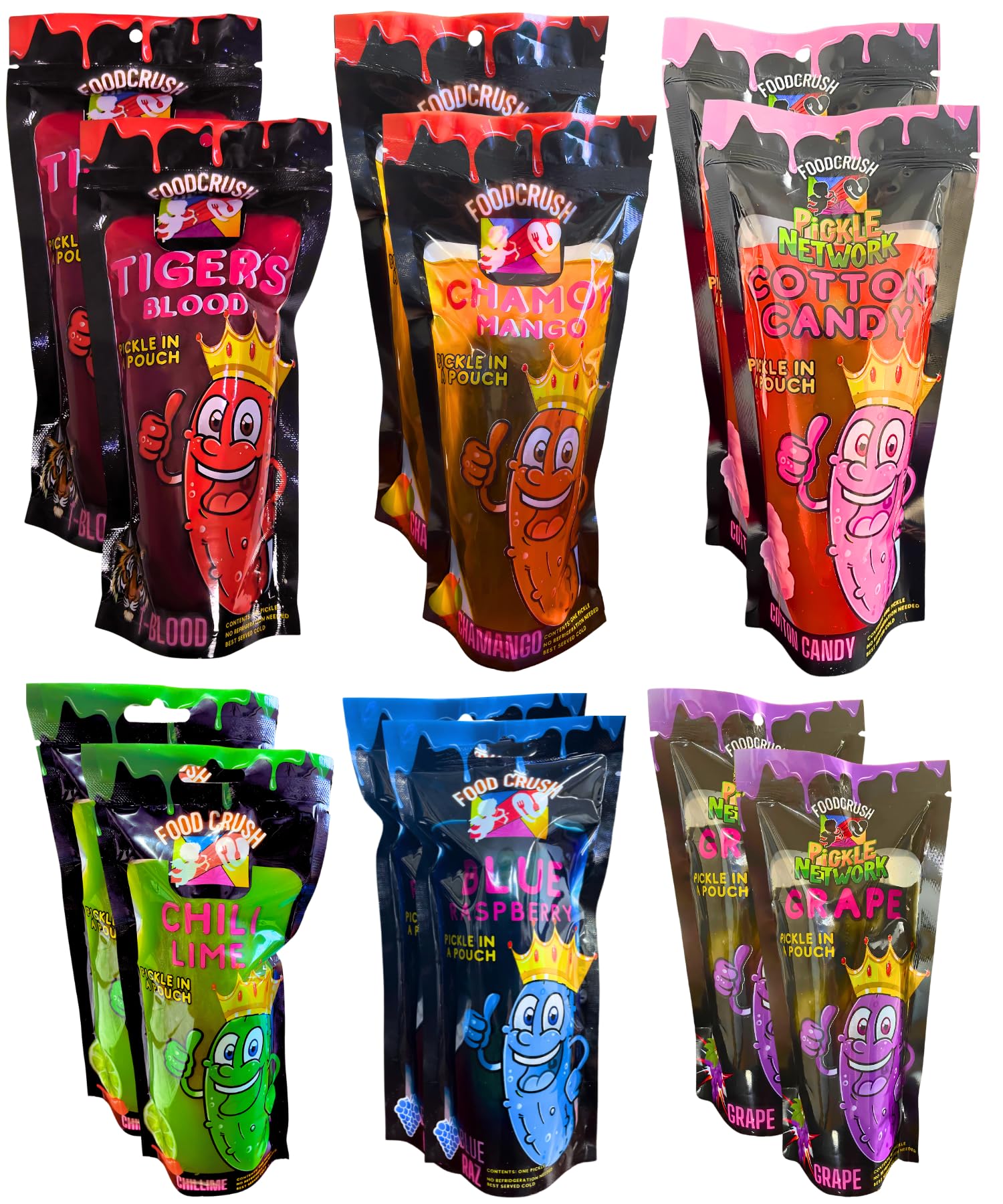 FoodCrush-Jumbo Pickles In A Pouch Variety Sampler (12 Pack) Individually Wrapped 6 Flavors – Cotton Candy, Blue Raspberry, Chamoy, Tiger’s Blood, Spicy Chili Lime, Grape-Tiktok Trend Items.
