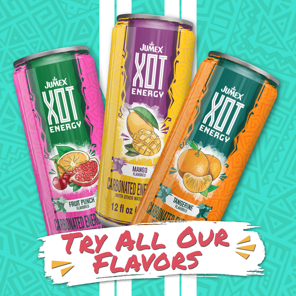 Jumex XOT Energy Drink - Fruit Punch - Natural Caffeine from Mexican Coffee Beans - Carbonated Preworkout with Vitamin B2, B3, B5, B12 - Mexican Drinks - Bebidas Energéticas - 12 Fl oz, 12 Pack Cans