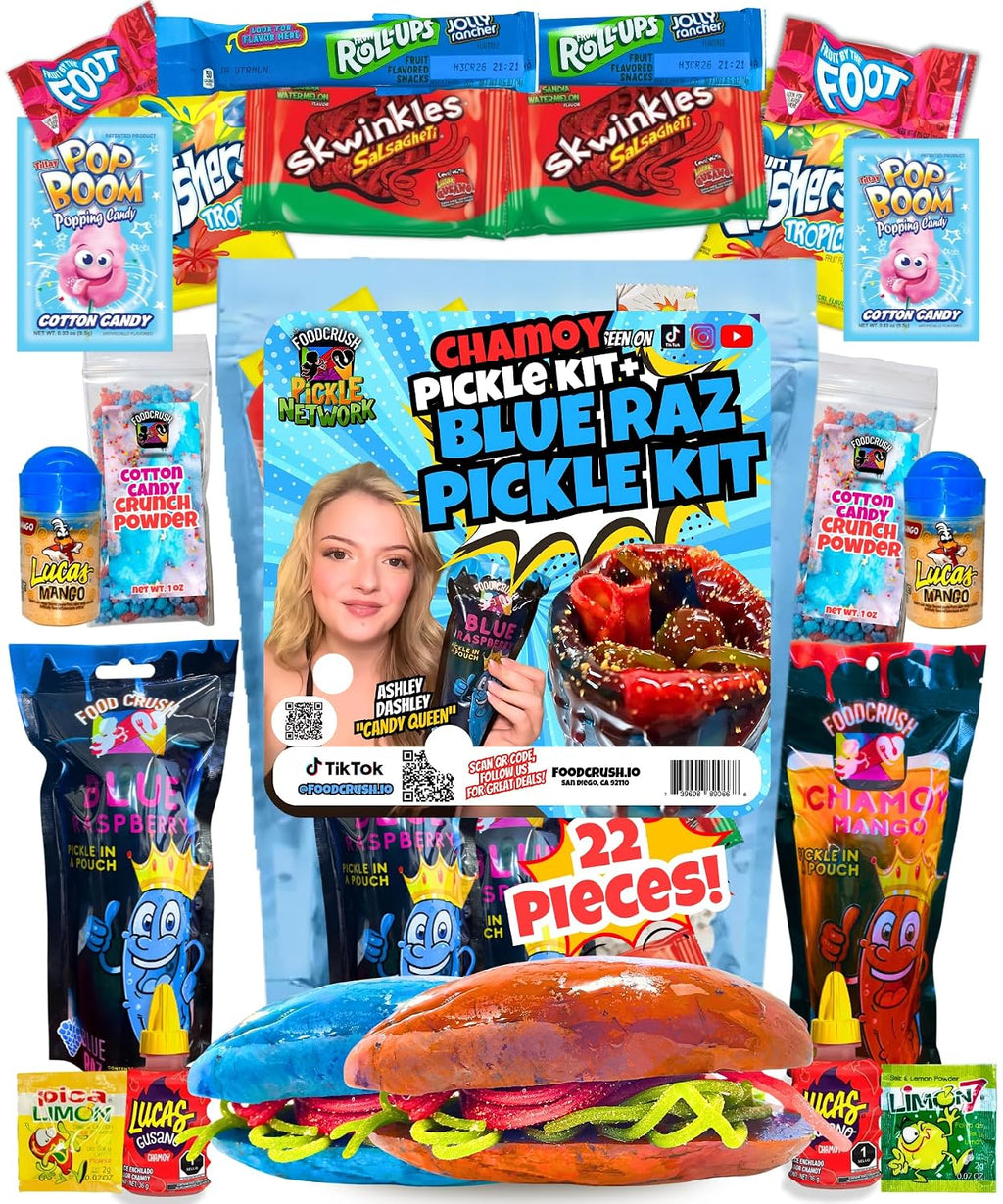 Ashley Dashley's-Chamoy Pickle Kit + Blue Raspberry Pickle Gift Pouch-w/Cotton Candy Crunch Powder, Fruit Roll Ups-Tiktok Trend Items by FoodCrush