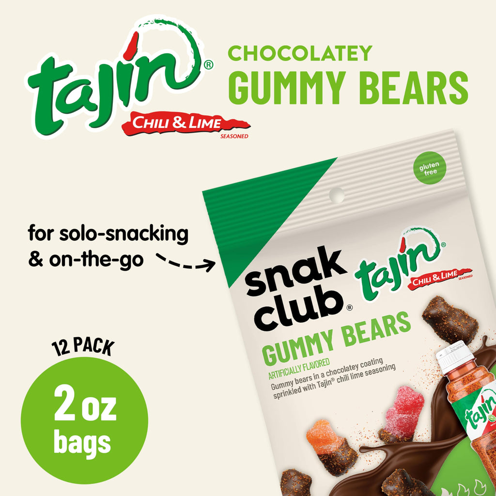 Snak Club Tajin Gummy Candy Fruit Rings, Gummies with Chili and Lime Seasoning, Mild Spice, Gluten-Free and Vegan Snacks, Assorted Variety, Mango, Pineapple, Peach, Watermelon, Snack Size 12 Pack