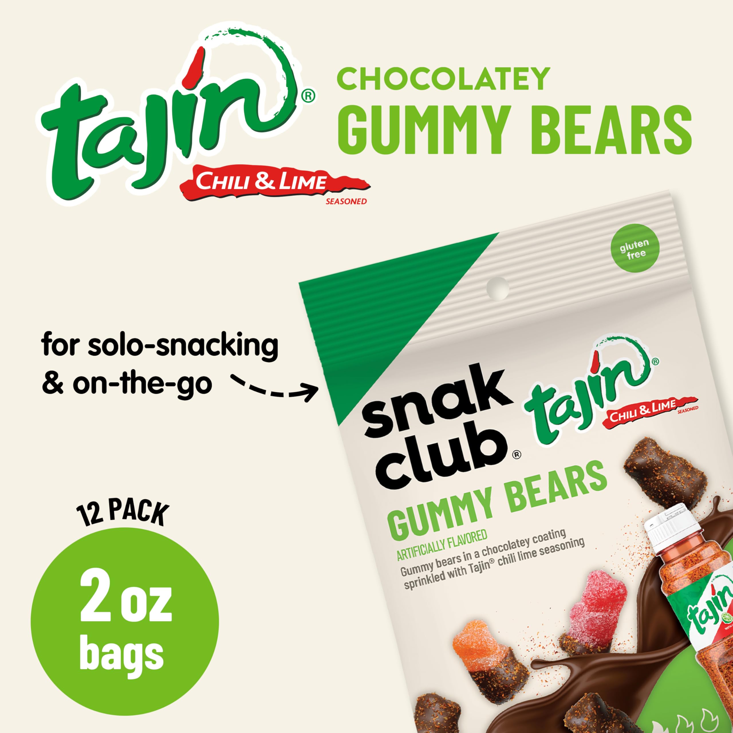 Snak Club Tajin Gummy Candy Fruit Rings, Gummies with Chili and Lime Seasoning, Mild Spice, Gluten-Free and Vegan Snacks, Assorted Variety, Mango, Pineapple, Peach, Watermelon, Snack Size 12 Pack