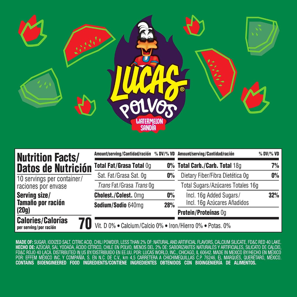 Lucas Powder Watermelon Flavored Candy, 0.71oz - 10 Pieces Pack for Treats, Fruit, Parties, Piñatas