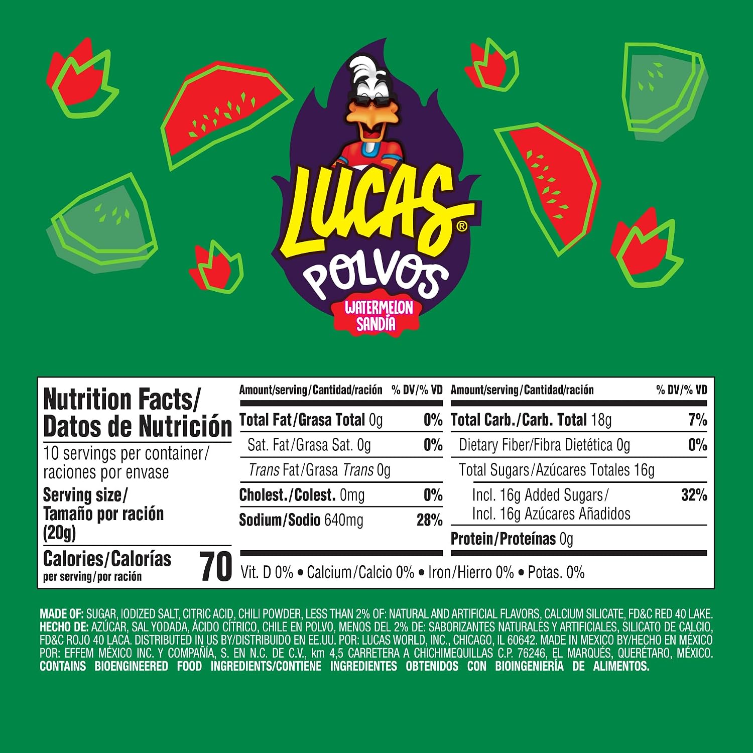 Lucas Powder Watermelon Flavored Candy, 0.71oz - 10 Pieces Pack for Treats, Fruit, Parties, Piñatas
