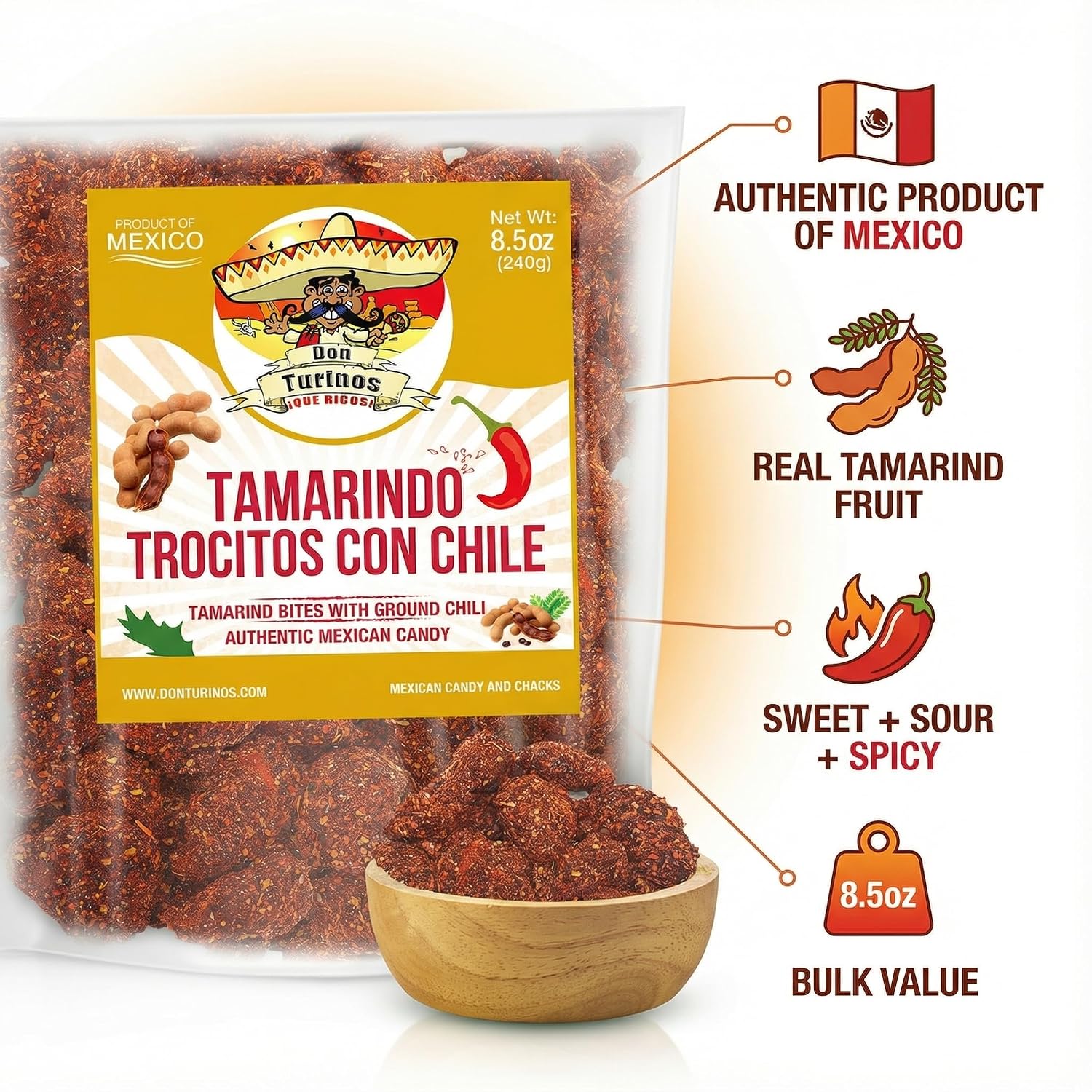 Tamarindo De Frutas Con Chile, Authentic Mexican Tamarind Candy with Chili, Sweet, Tangy and Spicy. Dulce De Tamarindo 8.5 oz. Contains Seed. Bag by Don Turinos