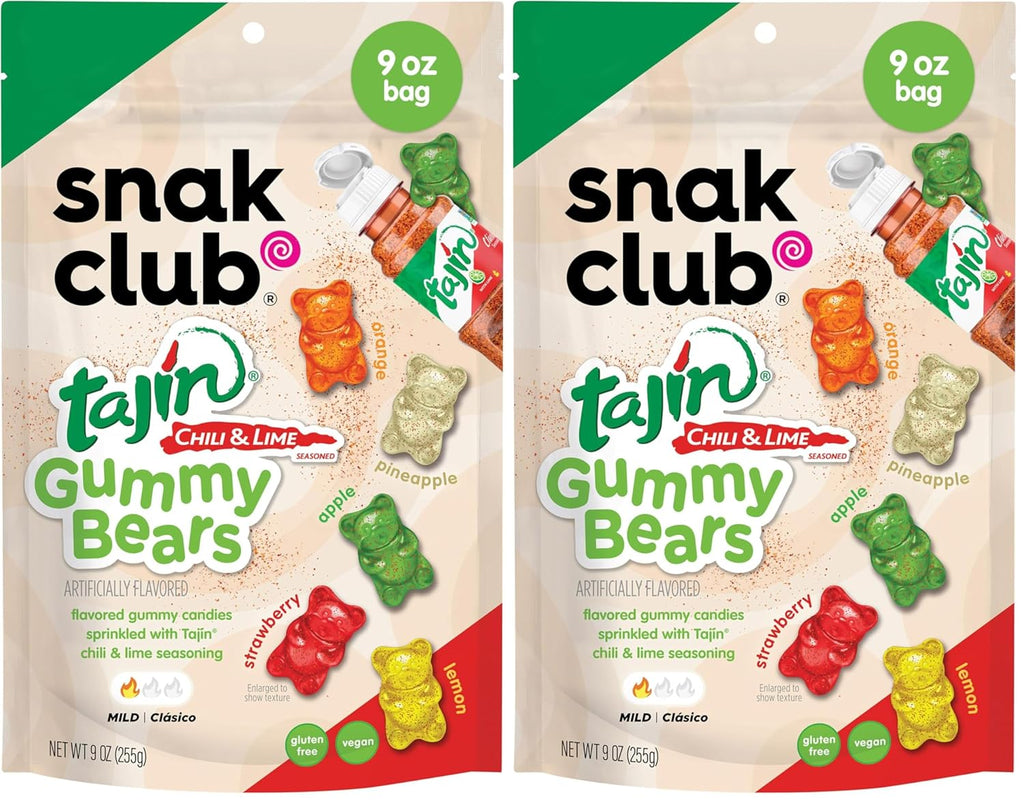 Snak Club Tajin Gummy Bears, Assorted Fruit Candy Gummies with Chili and Lime Seasoning, Mild, Gluten-Free and Vegan Snacks, 9 oz Resealable Bag