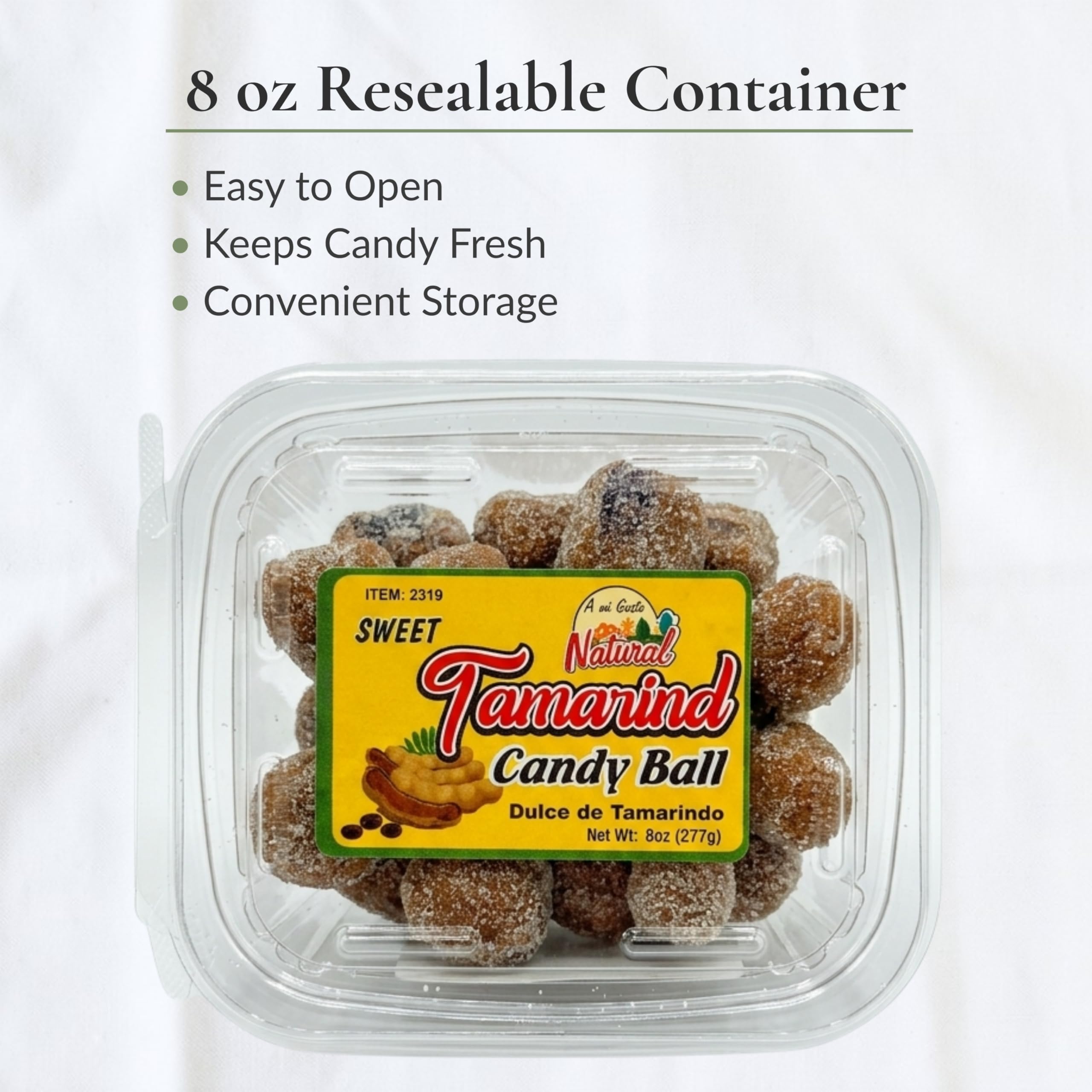 A Mi Gusto Natural Chili Tamarind Candy Balls, 8 oz – Sweet Tamarind Candy with Chili & Simple Ingredients, Resealable Container