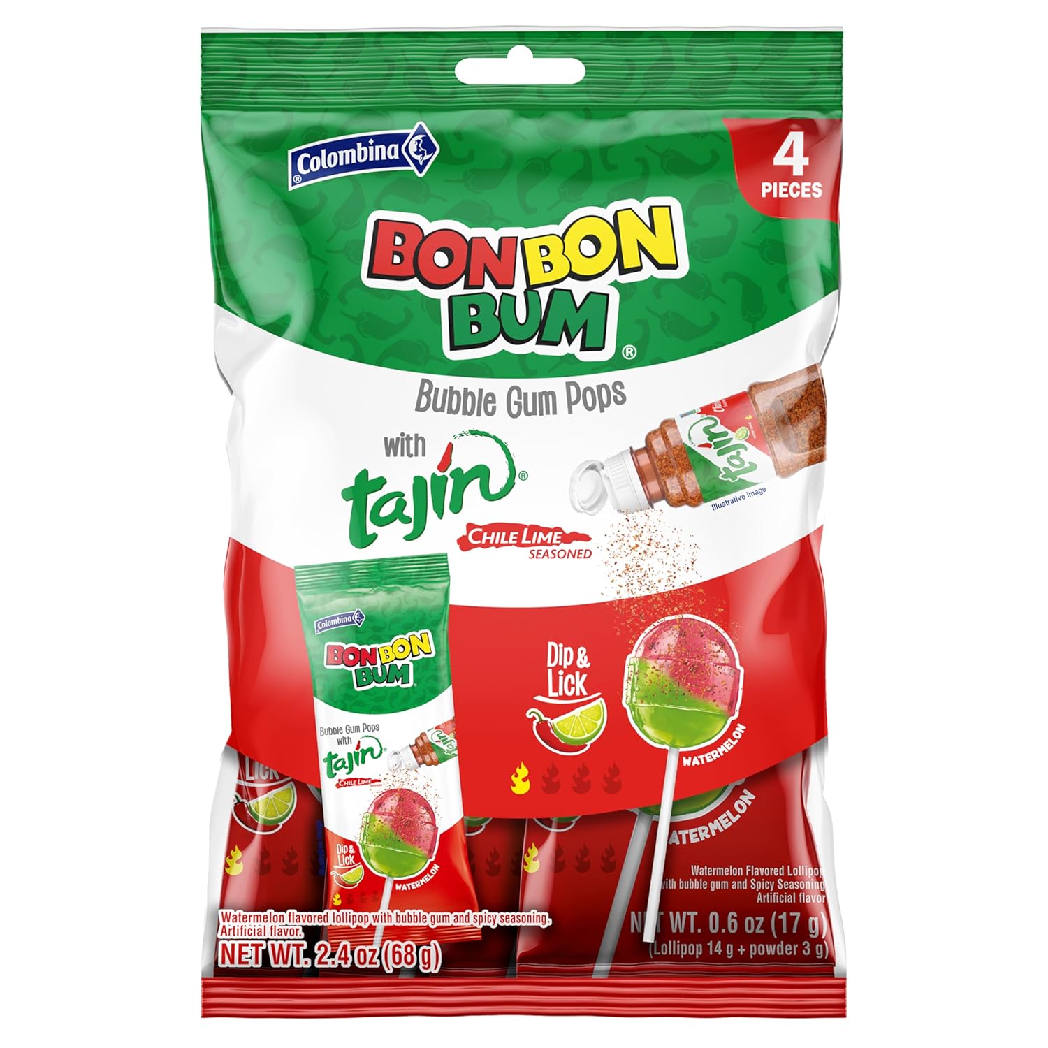 Colombina Bon Bon Bum Tropical Passion Fruit & Watermelon with Tajin Seasoning Chile Lime Dip, 20 Count (Pack of 1)