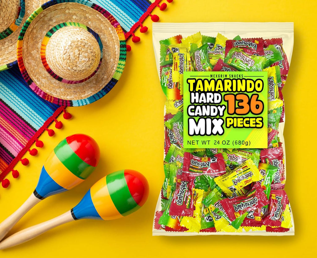 Mexgrim Mexican Hard Candy Variety Bulk Pack with 136 Tamarindo Hardcandy, Dulces Mexicanos, Individually Wrapped Candies, Piñata Candy, Mix Flavors: Mango, Tamarind, Watermelon & Spicy Chamoy