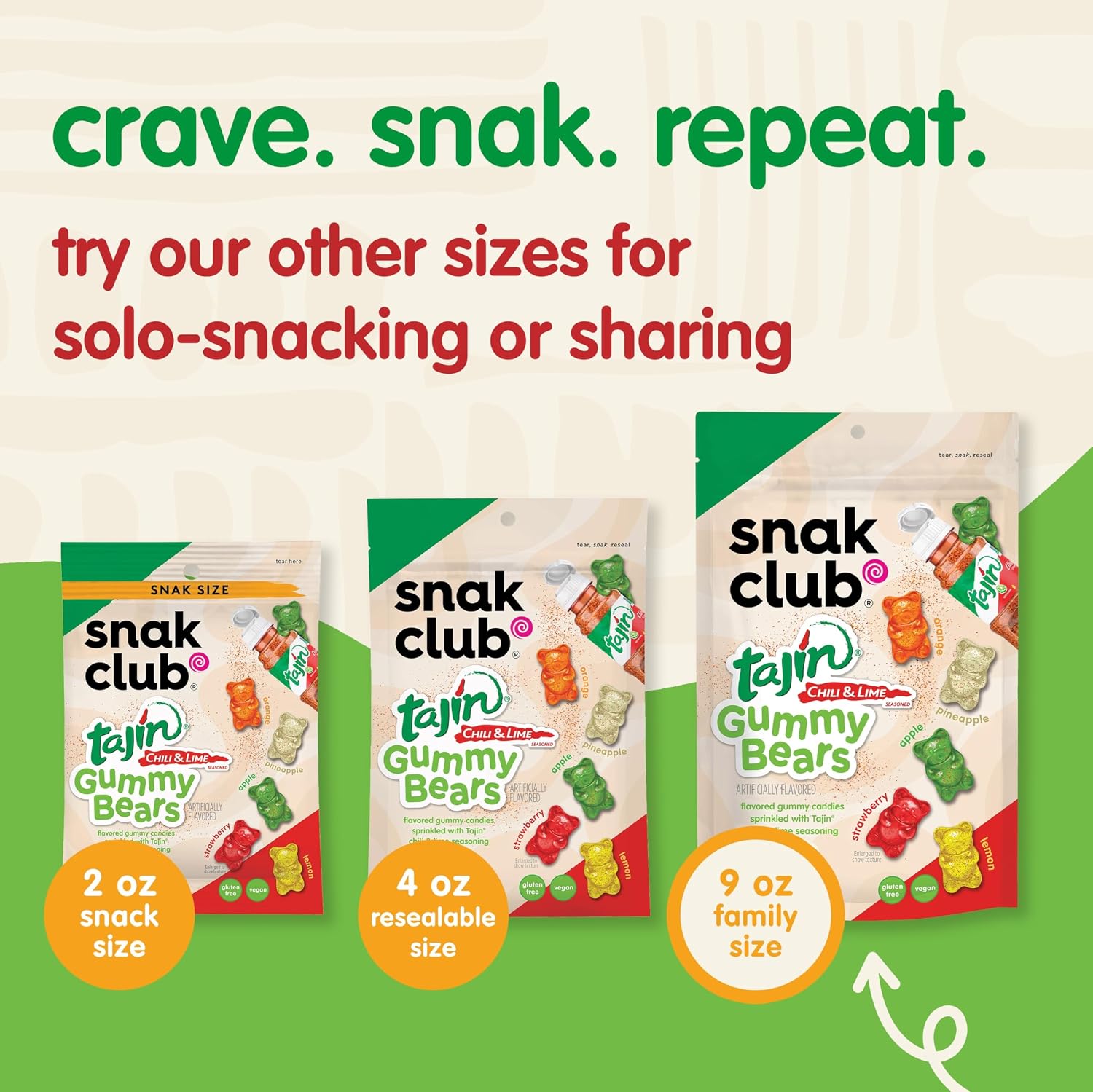 Snak Club Tajin Gummy Bears, Assorted Fruit Candy Gummies with Chili and Lime Seasoning, Mild, Gluten-Free and Vegan Snacks, 9 oz Resealable Bag