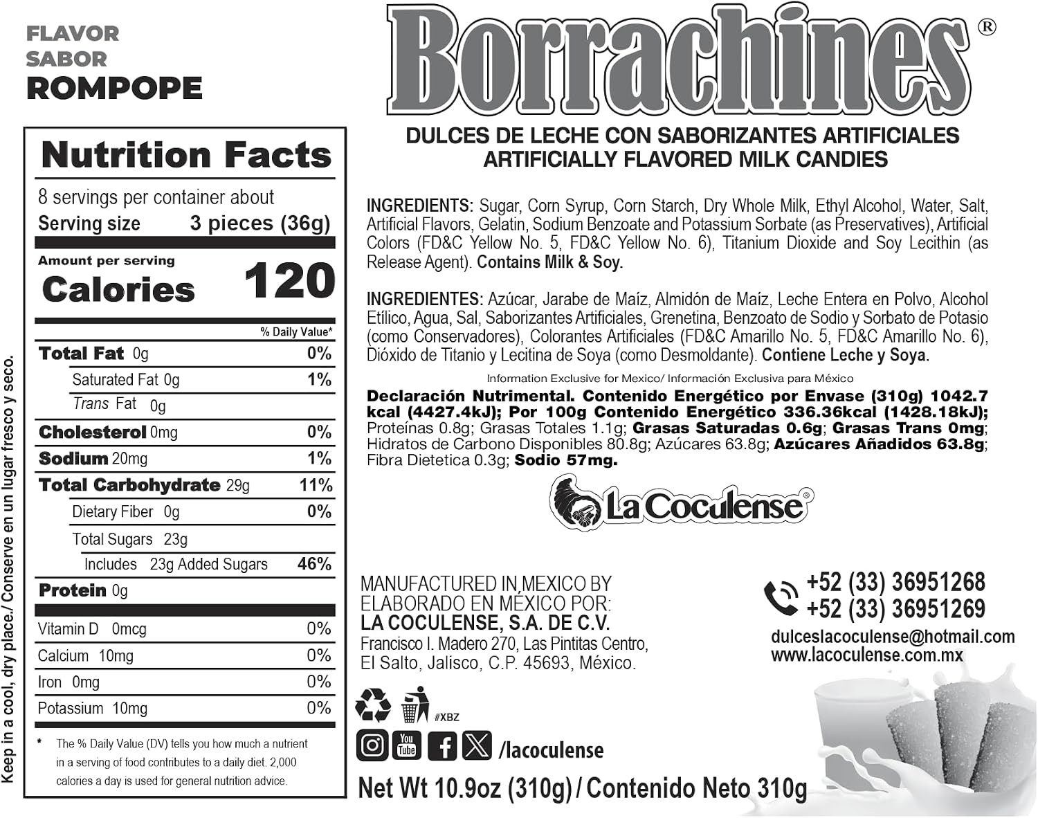 Borrachines La Coculense ROMPOPE FLAVOR 24pcs Box 10.9oz non alcoholic Authentic Mexican Candy