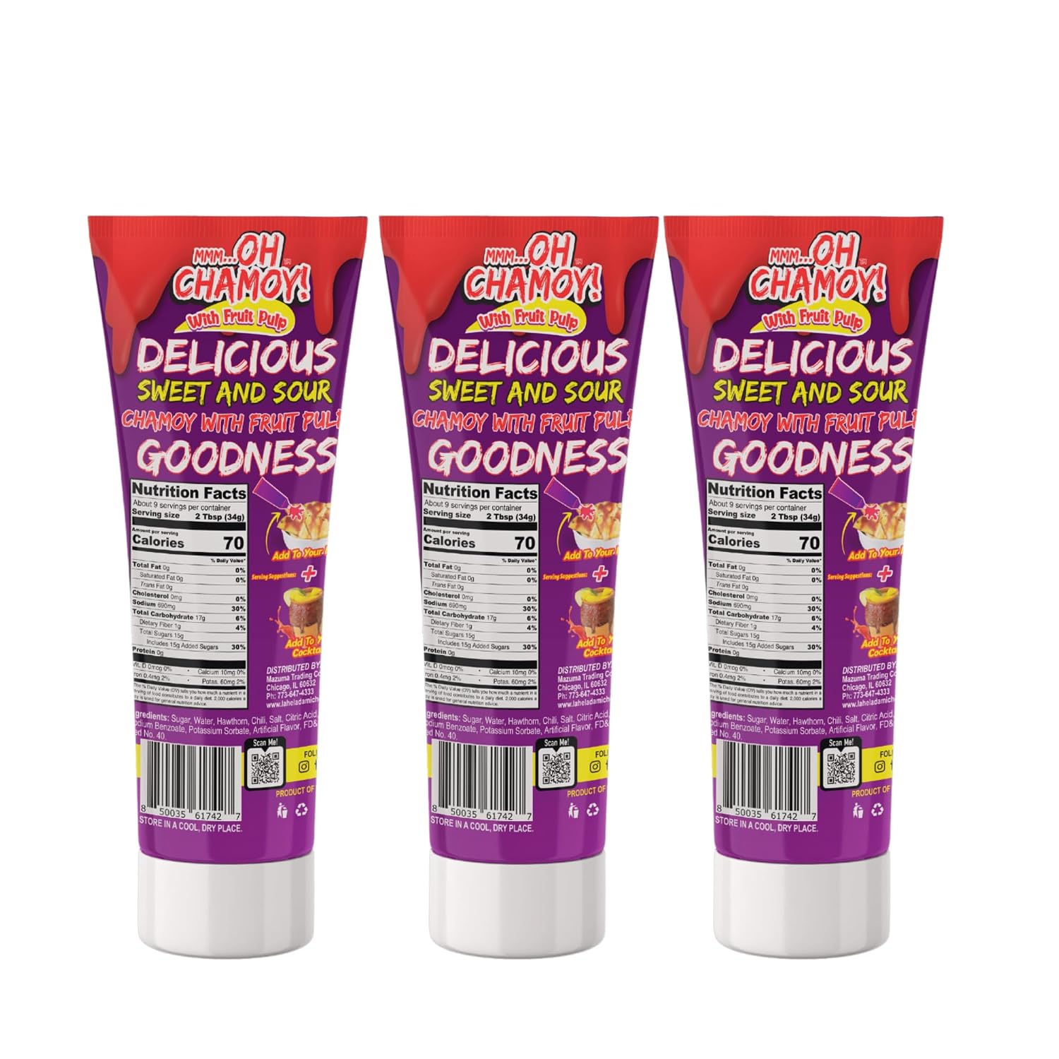 La Helada Oh Chamoy! - 3 Pack - Chamoy Sauce with Fruit Pulp - Sweet & Spicy Mexican Condiment - Squeeze Tube - Chamoy for Fruits and Snacks