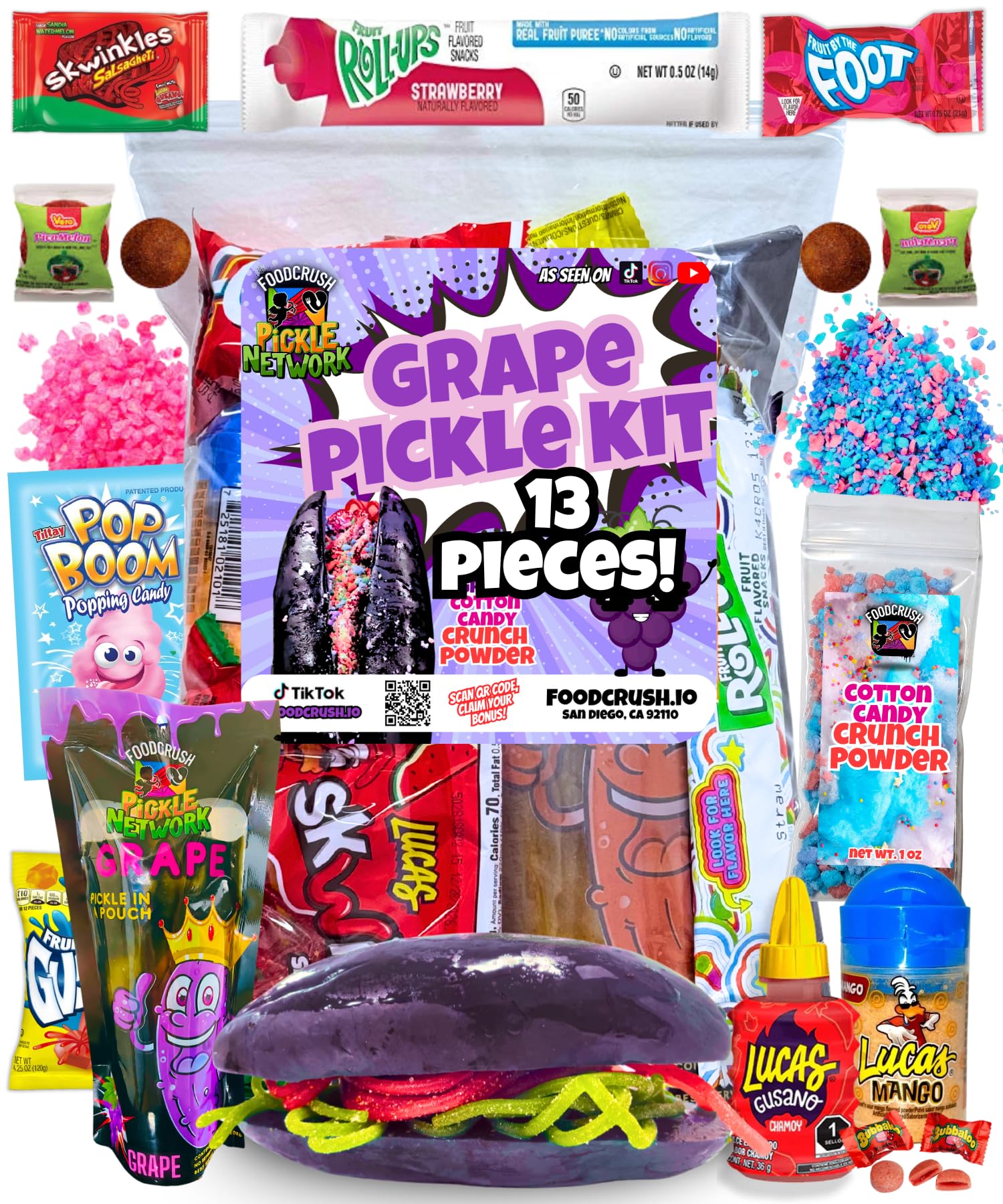 Blue Raspberry Pickle Kit With Takis-Mexican Candy Gift Box From Tiktok Fruit Rollup, Lucas Gusano Chamoy, Lucas Swinkles Salsagheti, Gushers, Mango Candy Powder-Tiktok Trend Item by Food Crush