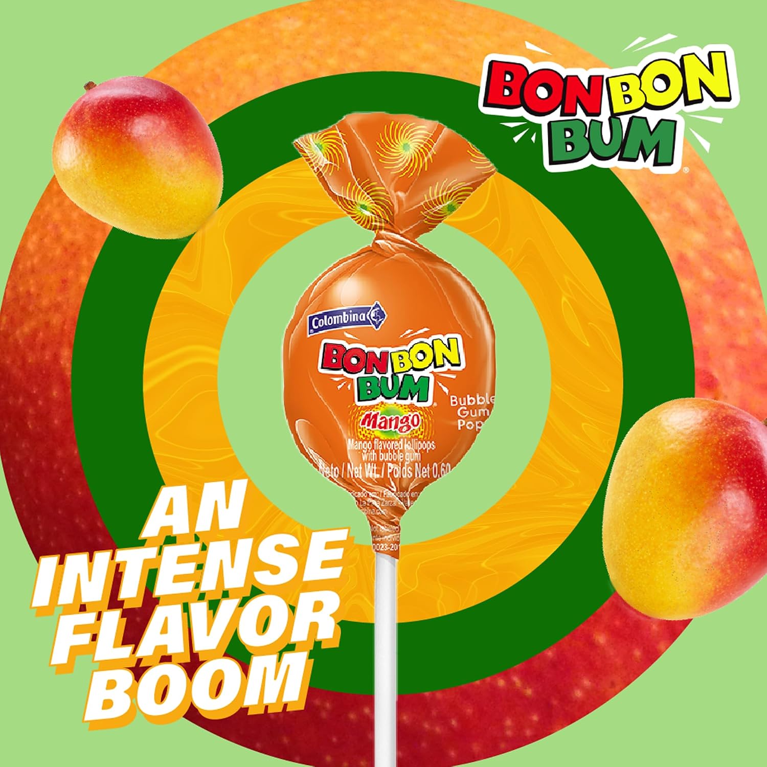 Colombina Bon Bon Bum Passion Fruit Lollipops, Tropical Fruit Hard Candy, Individually Wrapped Candy Pops for Parties, Candy Bowl Refill, Office or Classroom Rewards, 24 Count