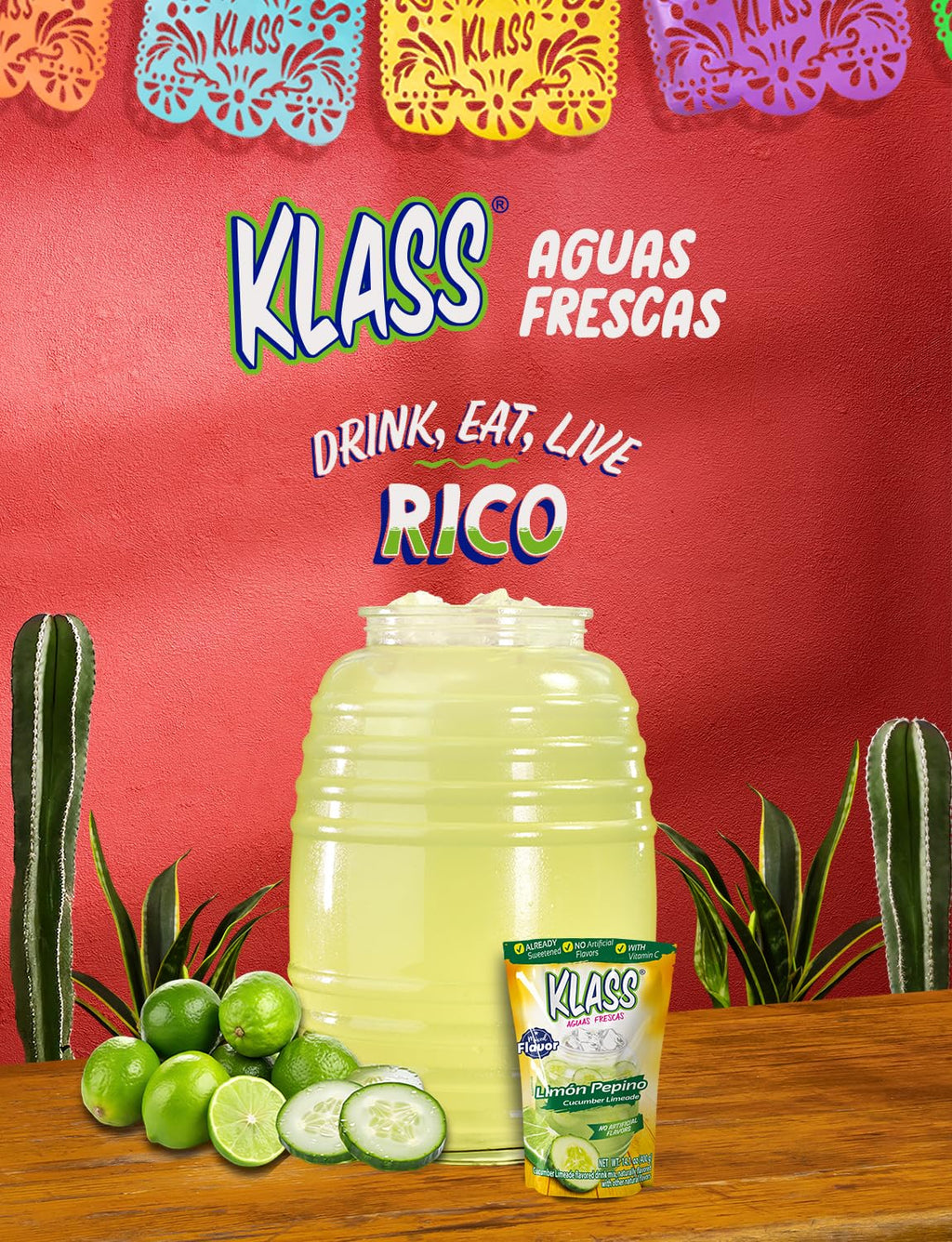 Klass Aguas Frescas Drink Mix Tropical Variety Pack - Strawberry, Grape, Tropical Punch & Orange - Powder Drink Mix, Water Drink Mix with Natural Flavors & Vitamin C, Makes 28 to 36 Quarts (56 to 72 Drinks)