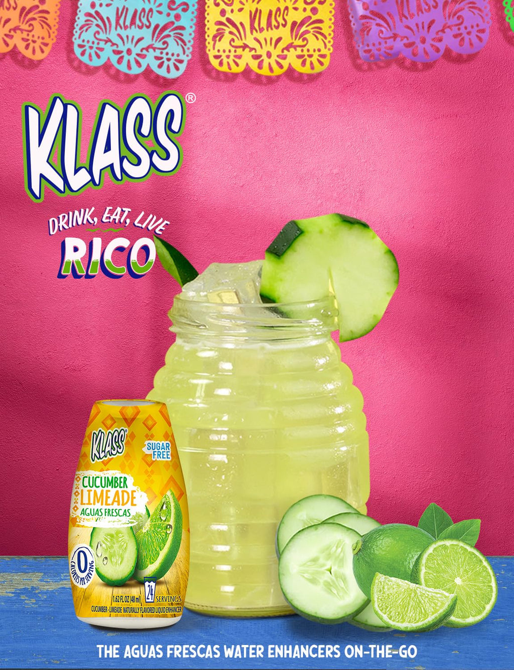 Klass Aguas Frescas | Liquid Water Enhancer | Cucumber-Limeade | Naturally Flavored | Sugar Free | Zero Calories Per Serving | Keto | 4 Bottles, Makes 96 Drinks