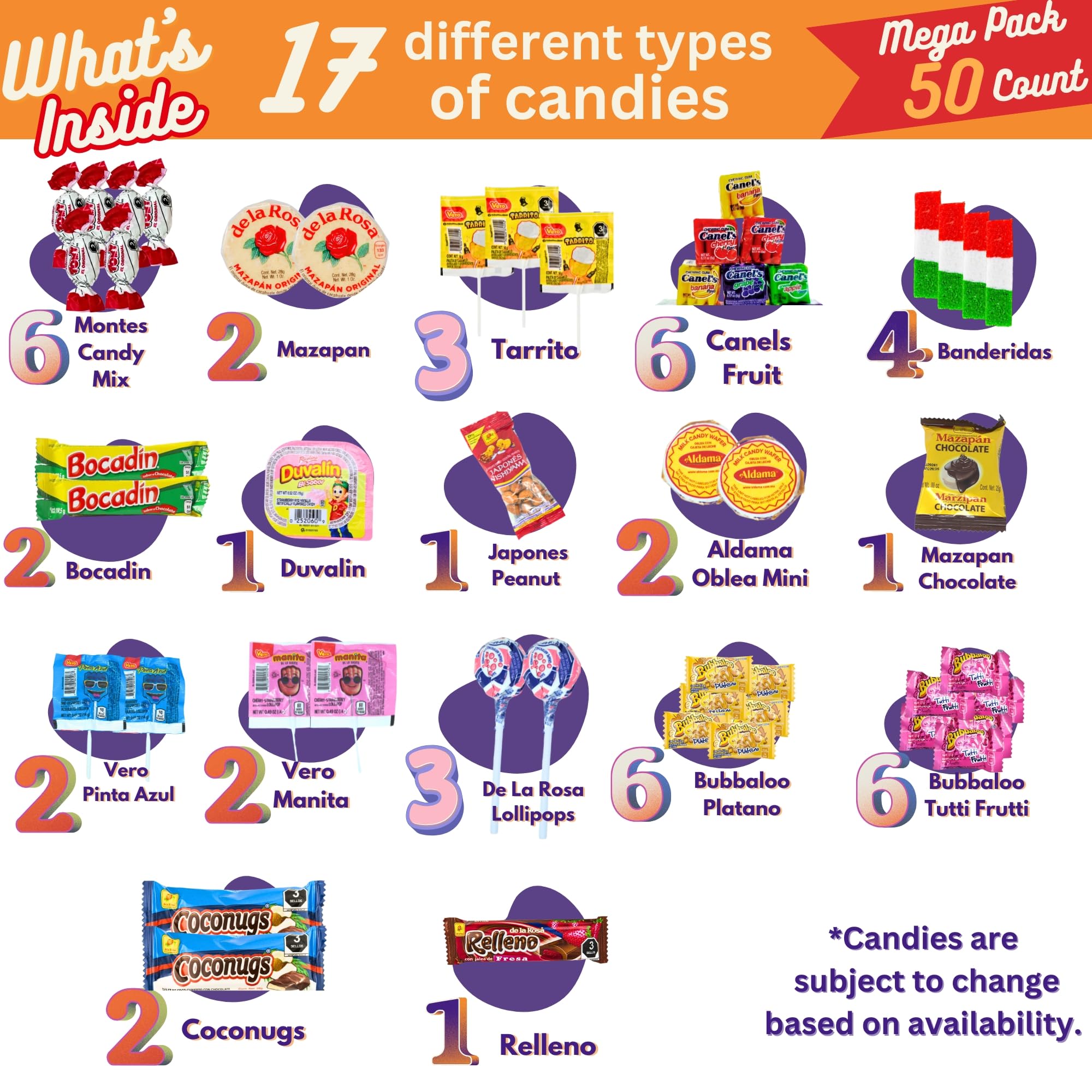 Mexican Candy Variety Pack (50 Count) Dulces Mexicanos, Tamarind Candy, with Lucas, Skwinkles, Pulparindo, Mazapan, Duvalin, Pelon Pelo Rico, Vero Lollipops, Mexican Snacks, Fiesta Birthdays