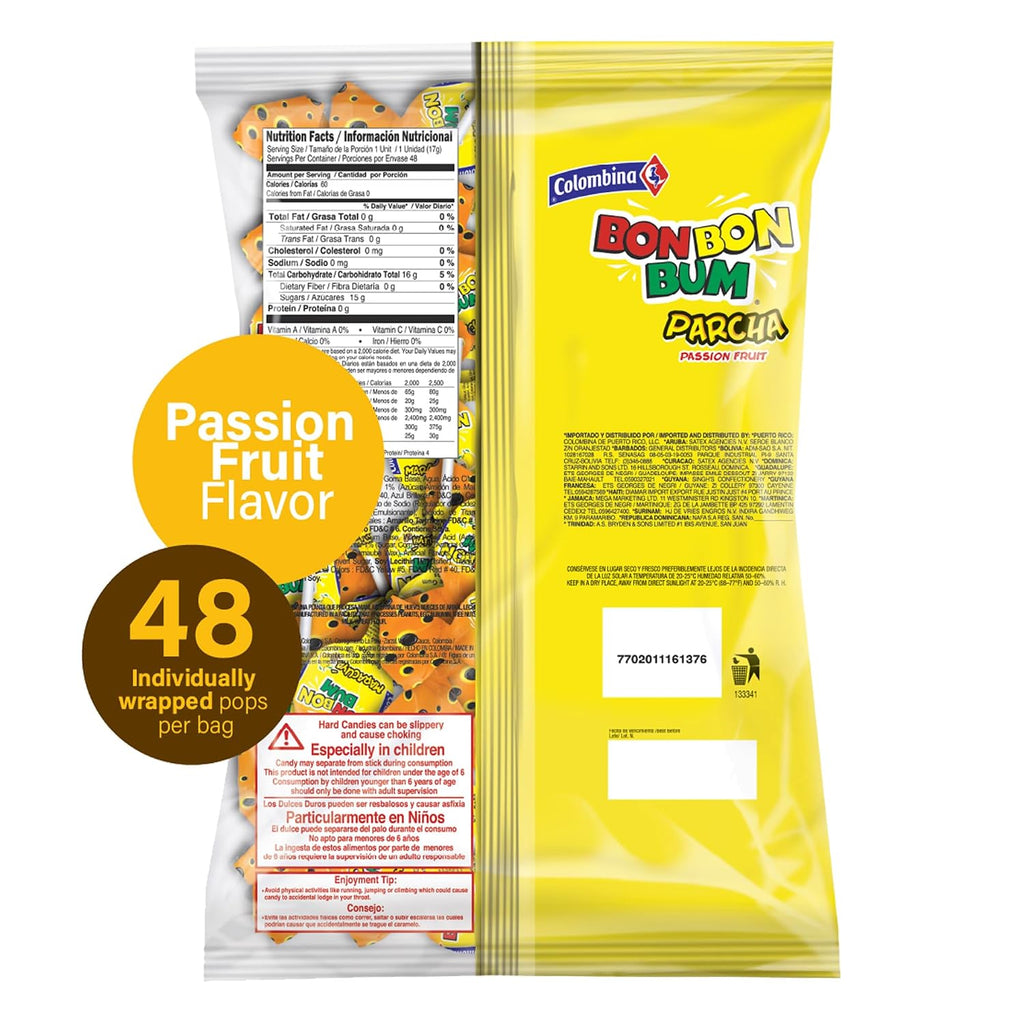 Colombina Bon Bon Bum Passion Fruit Lollipops, Tropical Fruit Hard Candy, Individually Wrapped Candy Pops for Parties, Candy Bowl Refill, Office or Classroom Rewards, 24 Count