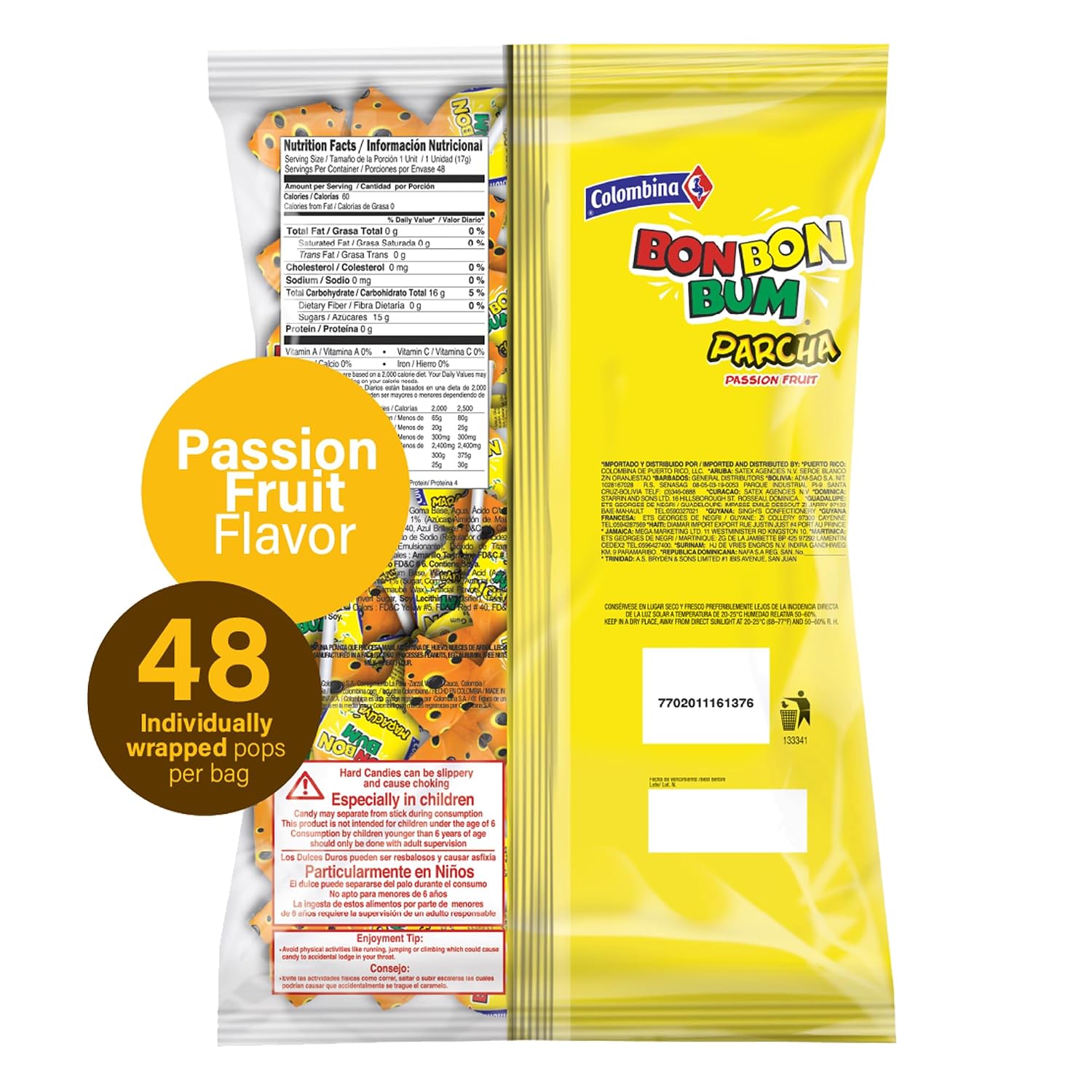 Colombina Bon Bon Bum Passion Fruit Lollipops, Tropical Fruit Hard Candy, Individually Wrapped Candy Pops for Parties, Candy Bowl Refill, Office or Classroom Rewards, 24 Count