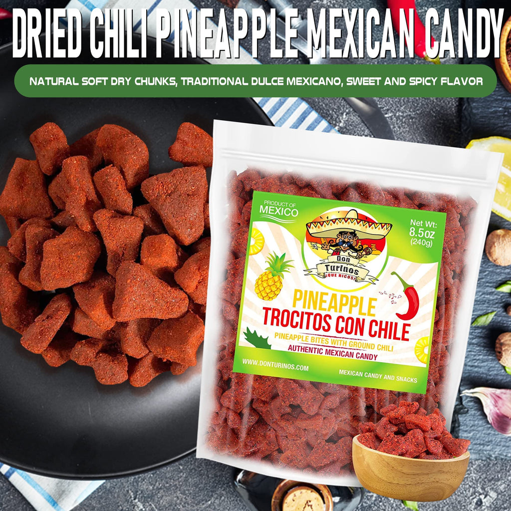 Dried Chili Pineapple Mexican Candy , 8.5 oz, Natural Soft Dry Chunks, Traditional Dulce Mexicano, Sweet and Spicy Flavor, by Don Turinos