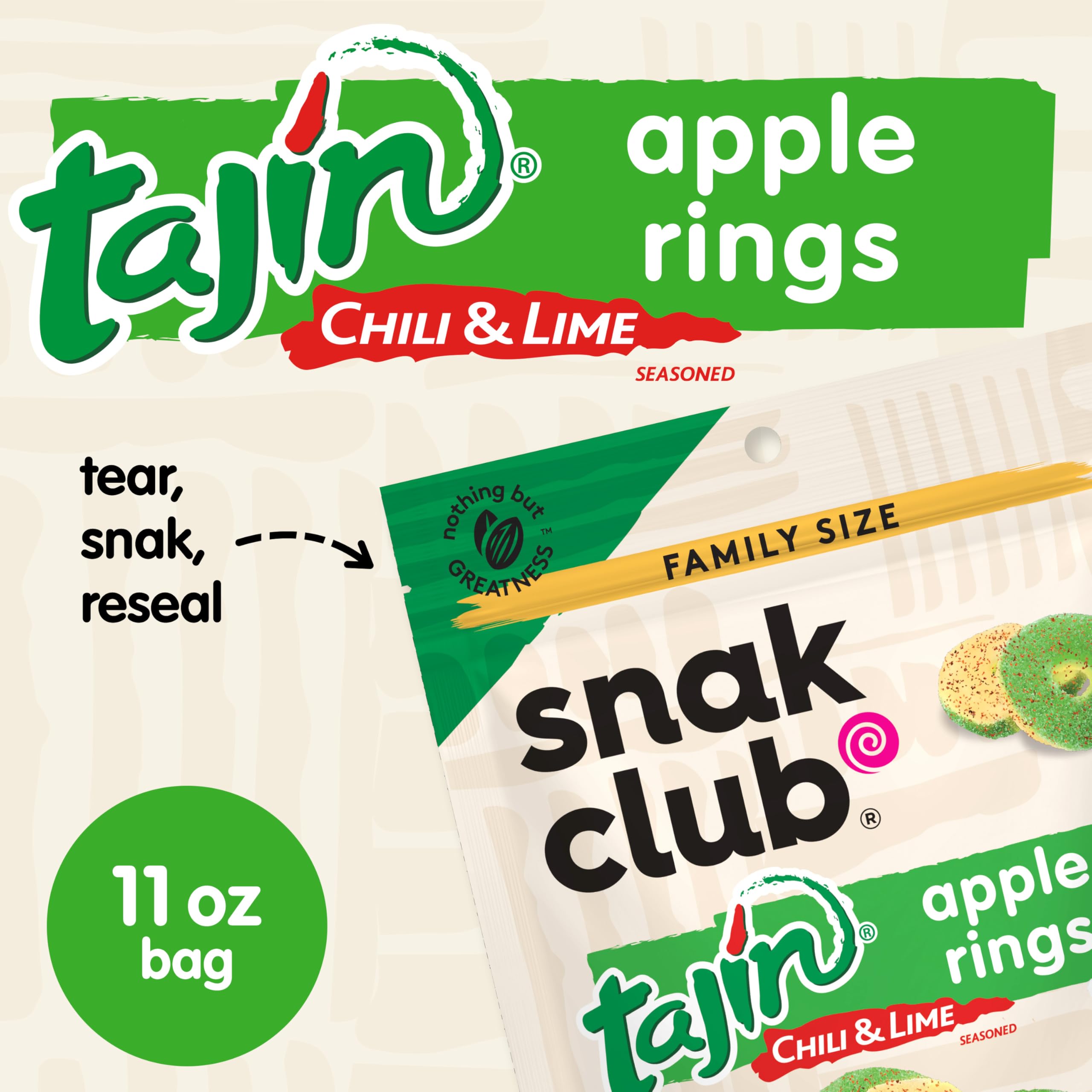 Snak Club Tajin Mango Rings Gummy Candy, Fruit Candy Gummies with Chili and Lime Seasoning, Mild, Gluten-Free and Vegan Snacks, 11 oz Resealable Bag