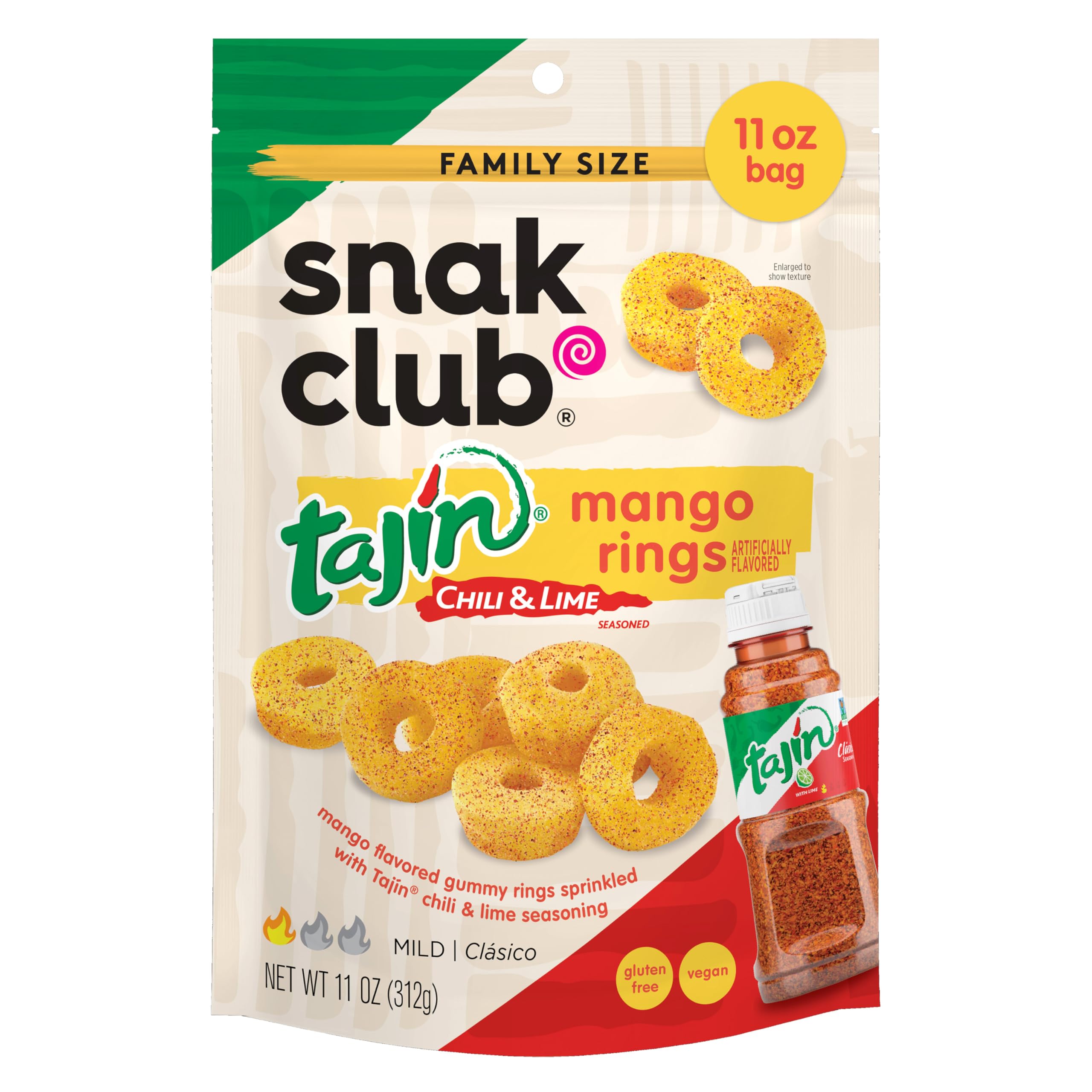Snak Club Tajin Mango Rings Gummy Candy, Fruit Candy Gummies with Chili and Lime Seasoning, Mild, Gluten-Free and Vegan Snacks, 24 oz Resealable Bag