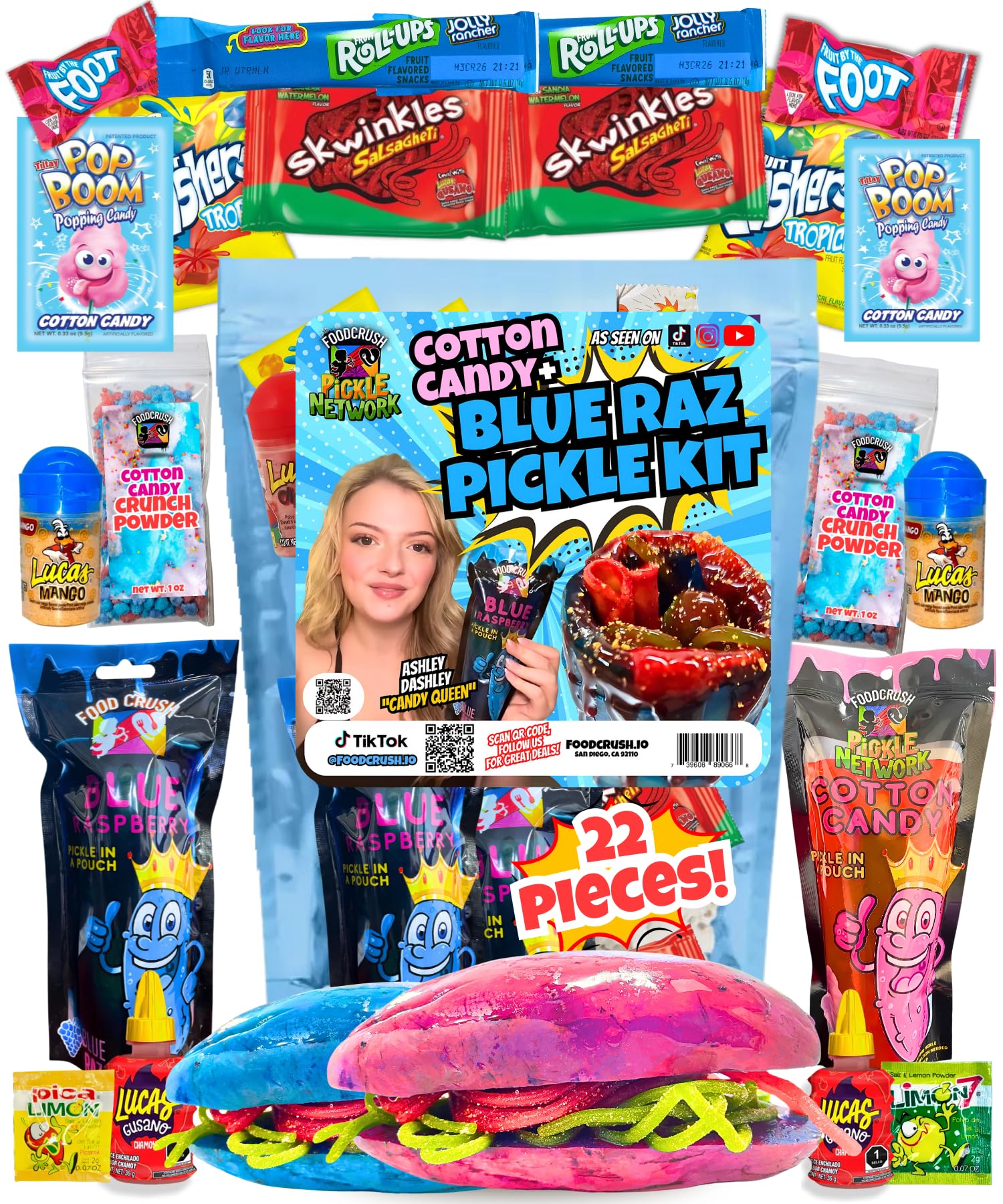 Chamoy Pickle Kit For 2 + Blue Raspberry Pickle Kit-(22 Pieces) Tiktok Candy Gift w Fruit Roll ups, skwinkles & other Mexican candy. Christmas gifts for kids, teen girl, boy