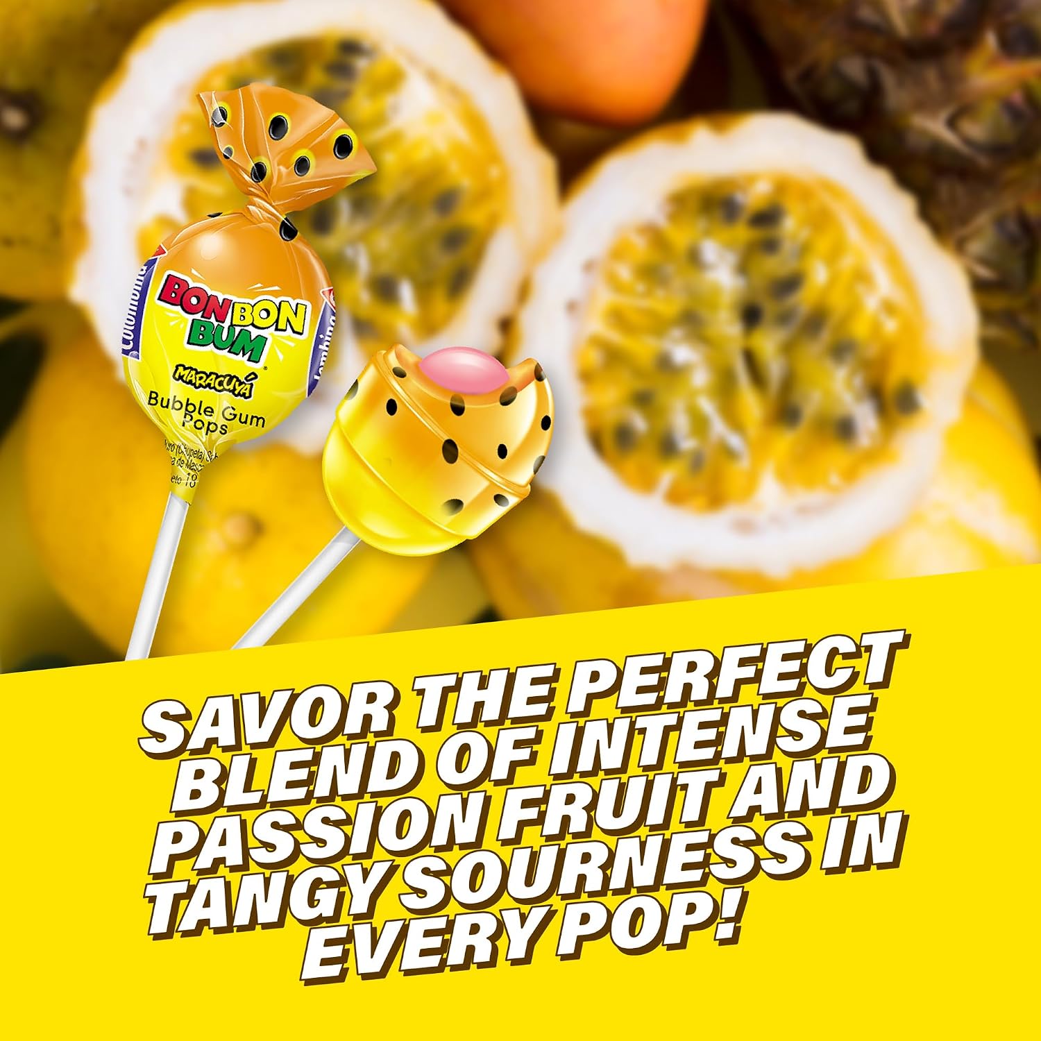 Colombina Bon Bon Bum Passion Fruit Lollipops, Tropical Fruit Hard Candy, Individually Wrapped Candy Pops for Parties, Candy Bowl Refill, Office or Classroom Rewards, 24 Count