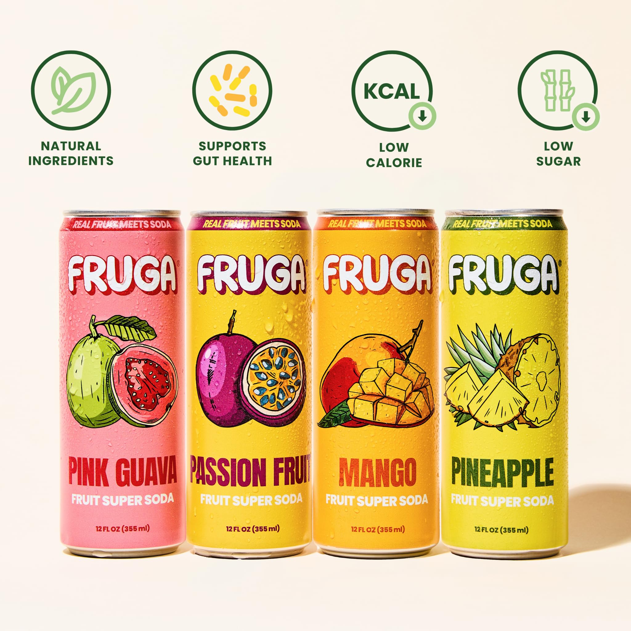 FRUGA Four Real Mix Fruit Soda Pack, Prebiotic Soda Pop Drinks, 12 Pack