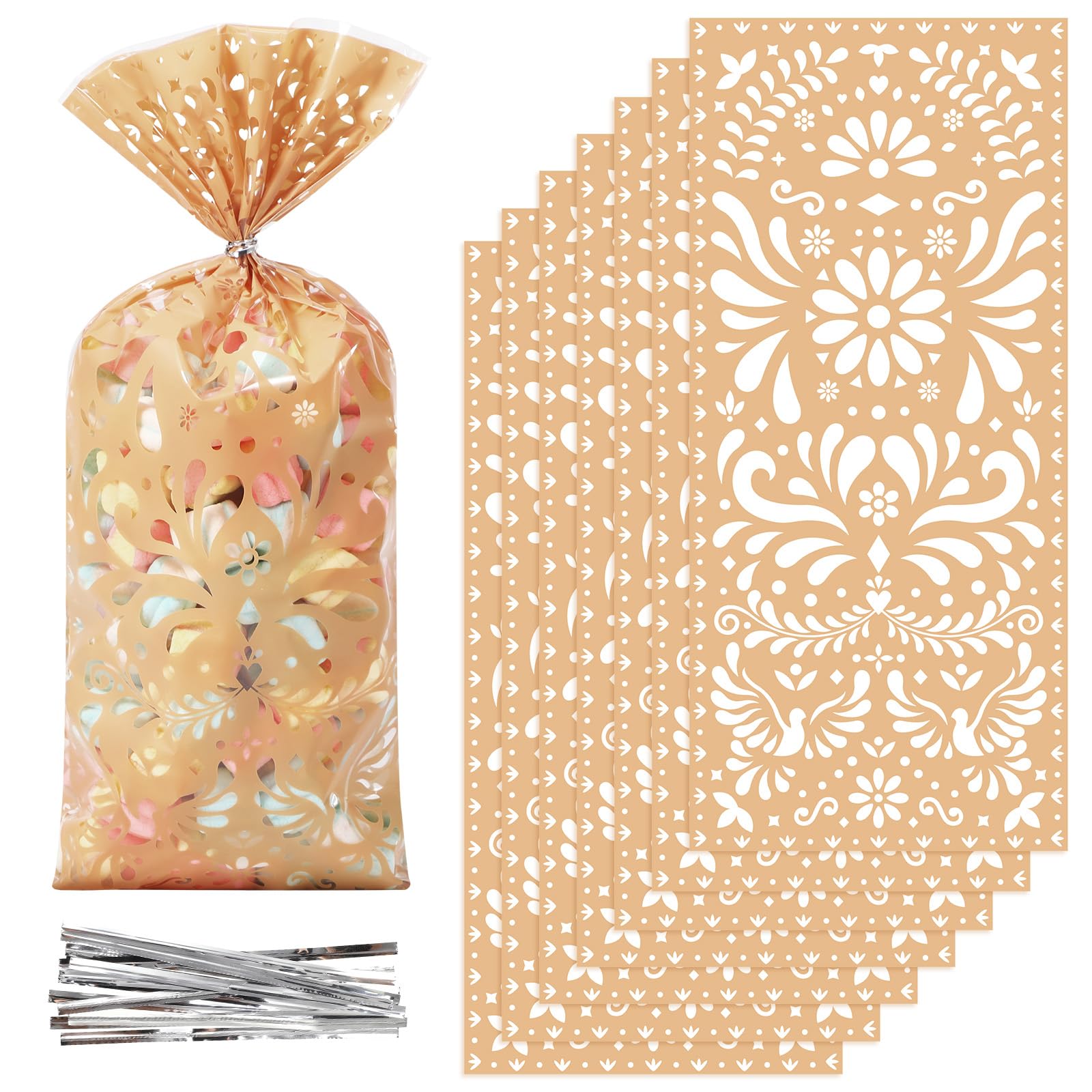 Funrous 100 Pcs Cielito Lindo Candy Bags Mexican Fiesta Gift Bags with Twist Ties Cinco De Mayo Party Favors Barro Candy Sack Talavera Sack for Mexican Wedding Fiesta Party Supplies(Brown Series)