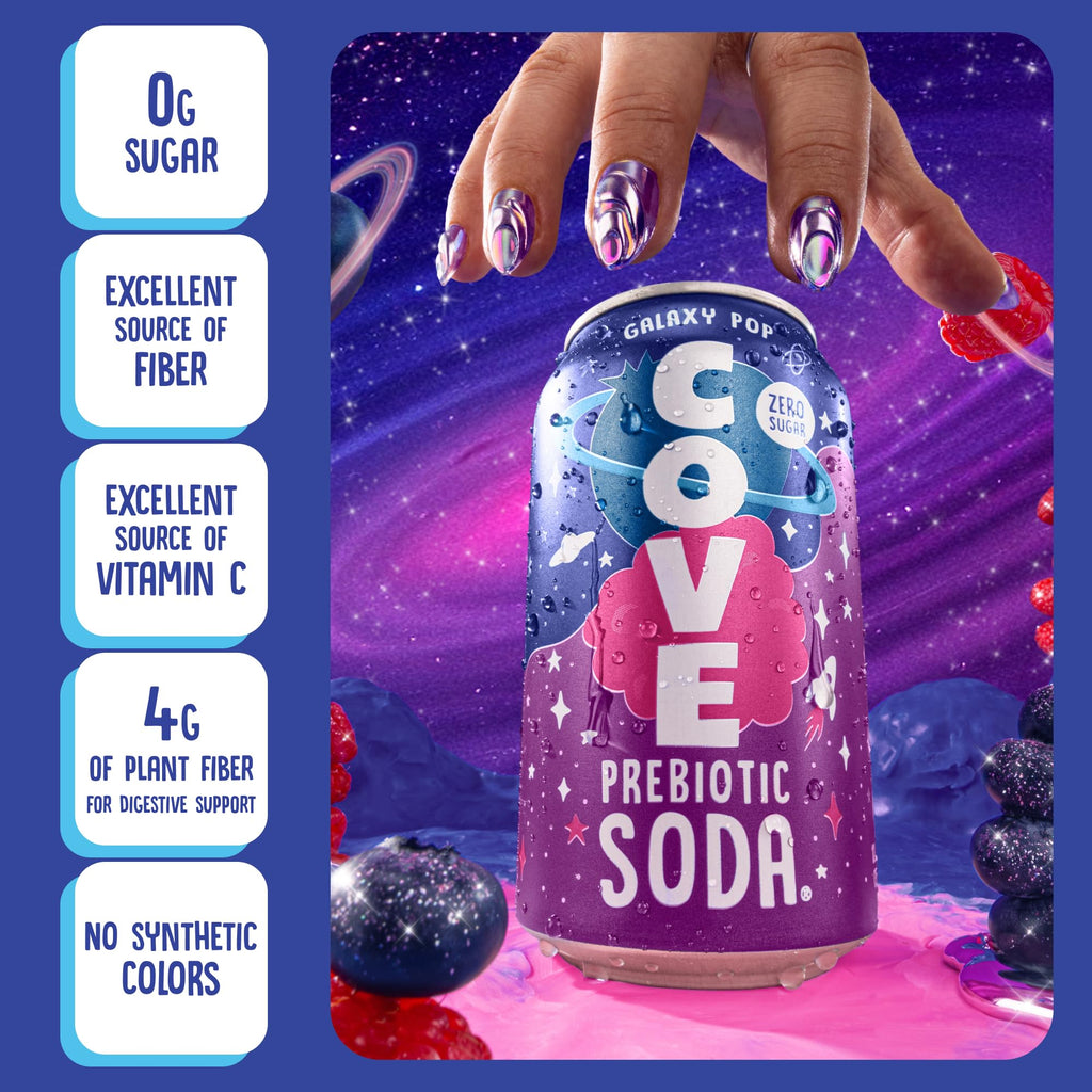 Cove Prebiotic Soda Soft Drinks with Zero Sugar - Refreshing Healthy Soda Alternative with 4g of Fiber for Digestive Support - Natural, Caffeine Free Sparkling Beverage - Frozen Favorites, 12 Pack
