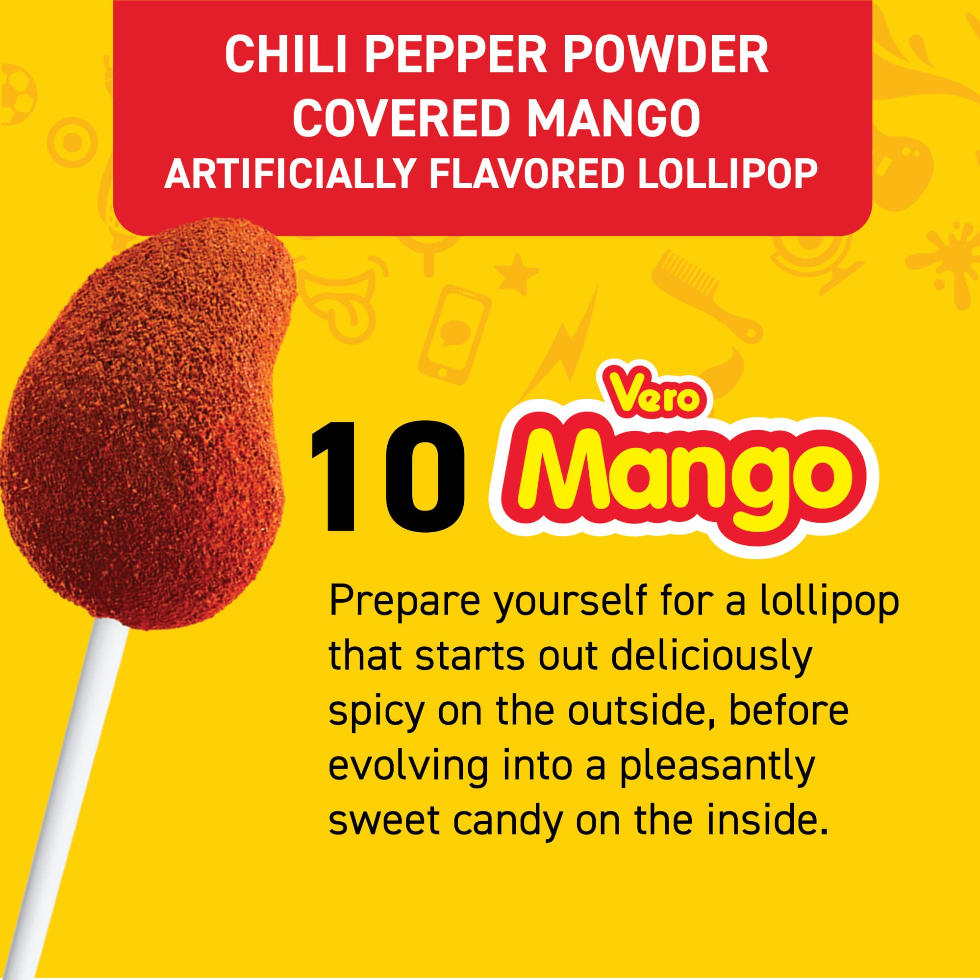 Vero Mango Flavored Lollipops Covered in Chili Powder 40 Count Bag (Net Wt. 22.4 Ounces) - Individually Wrapped Mexican Candy for Piñatas, Halloween, and More