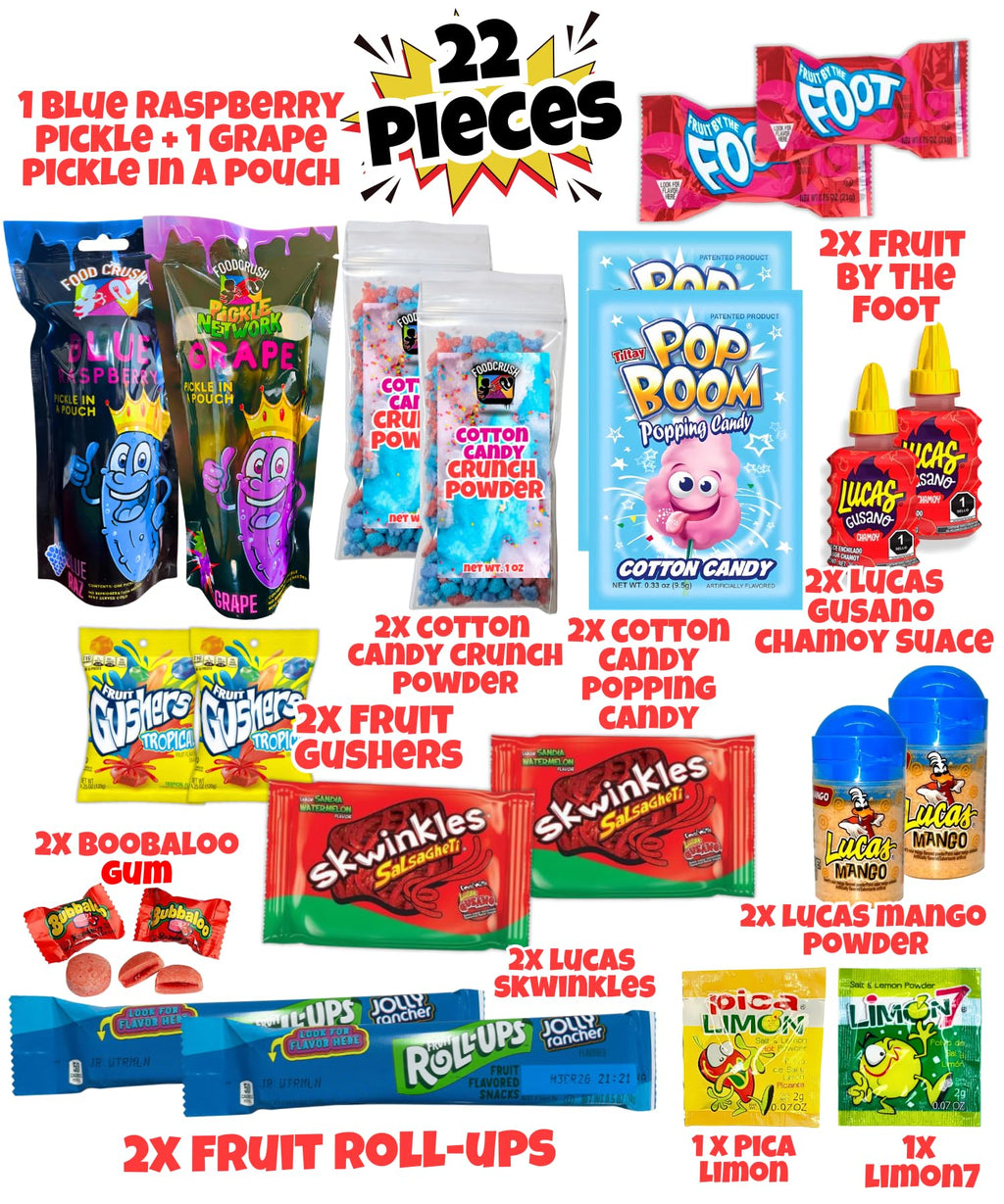 Chamoy Pickle Kit For 2 + Blue Raspberry Pickle Kit-(22 Pieces) Tiktok Candy Gift w Fruit Roll ups, skwinkles & other Mexican candy. Christmas gifts for kids, teen girl, boy