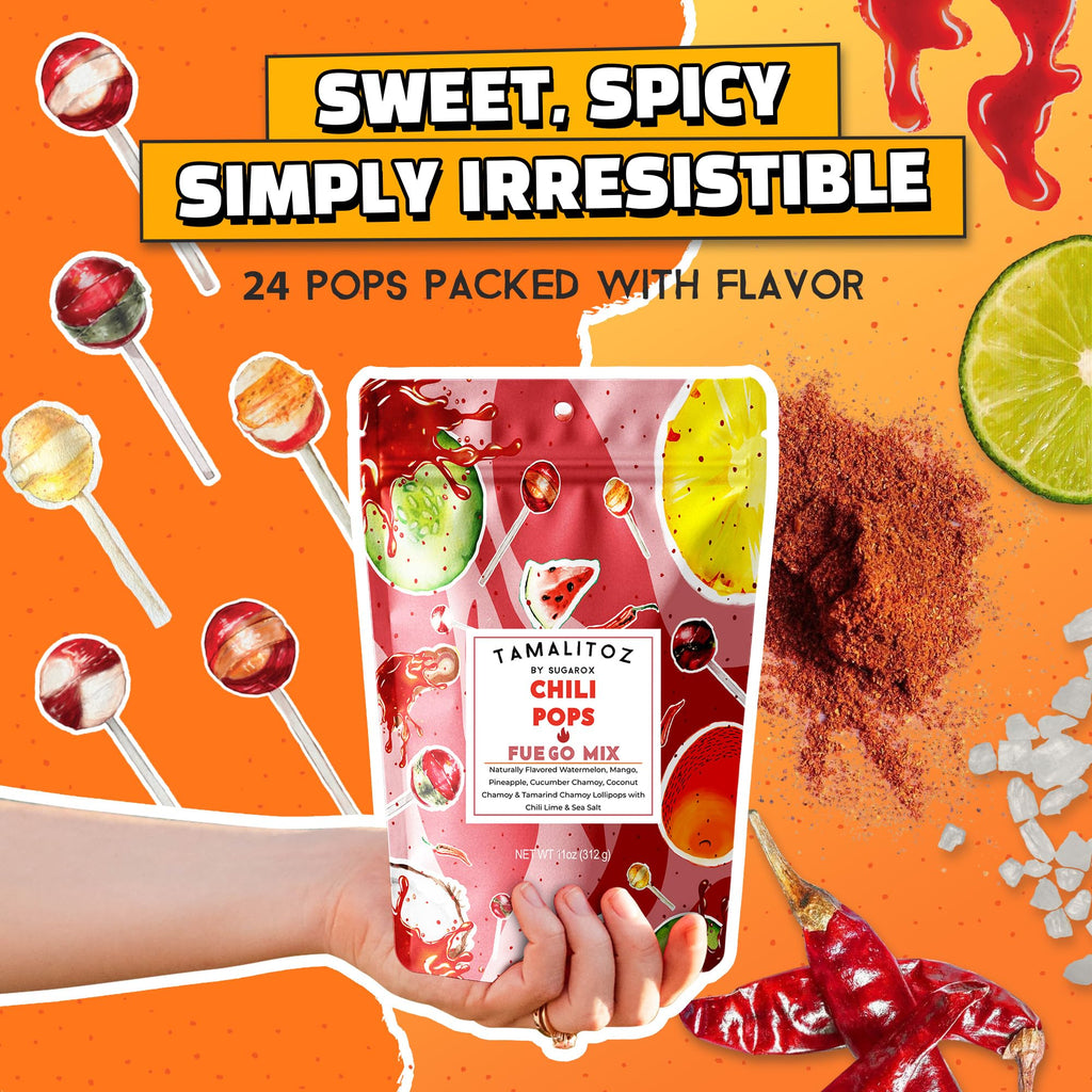 Tamalitoz Chili Pops Chamoy Spicy Mexican Lollipops with Chili, Lime, Sea Salt, Coconut, Tamarind & Cucumber Flavors Fruity Handcrafted Candy, Gluten-Free, Kosher, 2 Bags, (11oz)