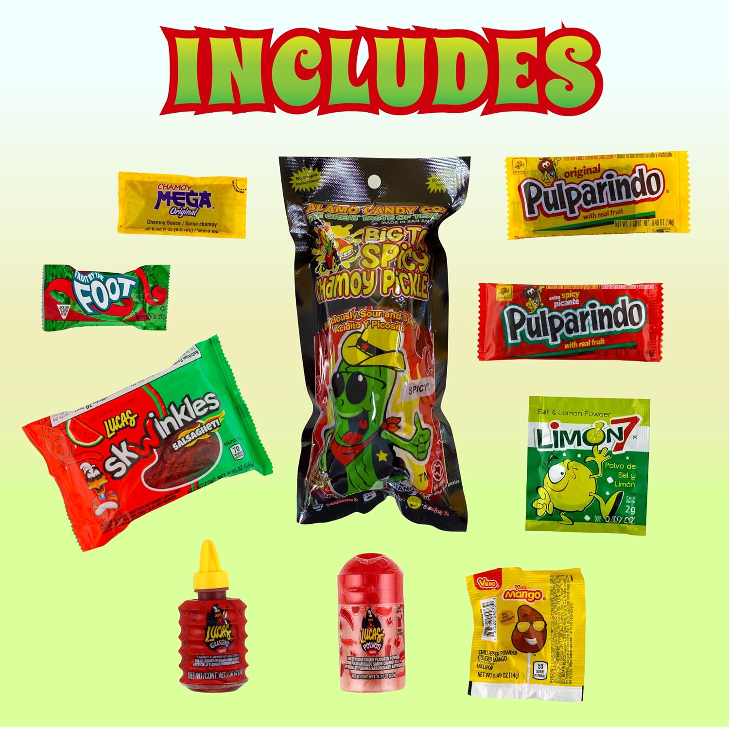 Alamo Hot Spicy Chamoy Pickle Kit, Mexican Candy Mix make the Famous TikTok Trend, (13 Pieces) Includes Original Alamo Spicy Dill Pickle, Baby Lucas, Lucas Gusano, Skwinkles Salsaghetti & and Other Mexican Candy by LookOn
