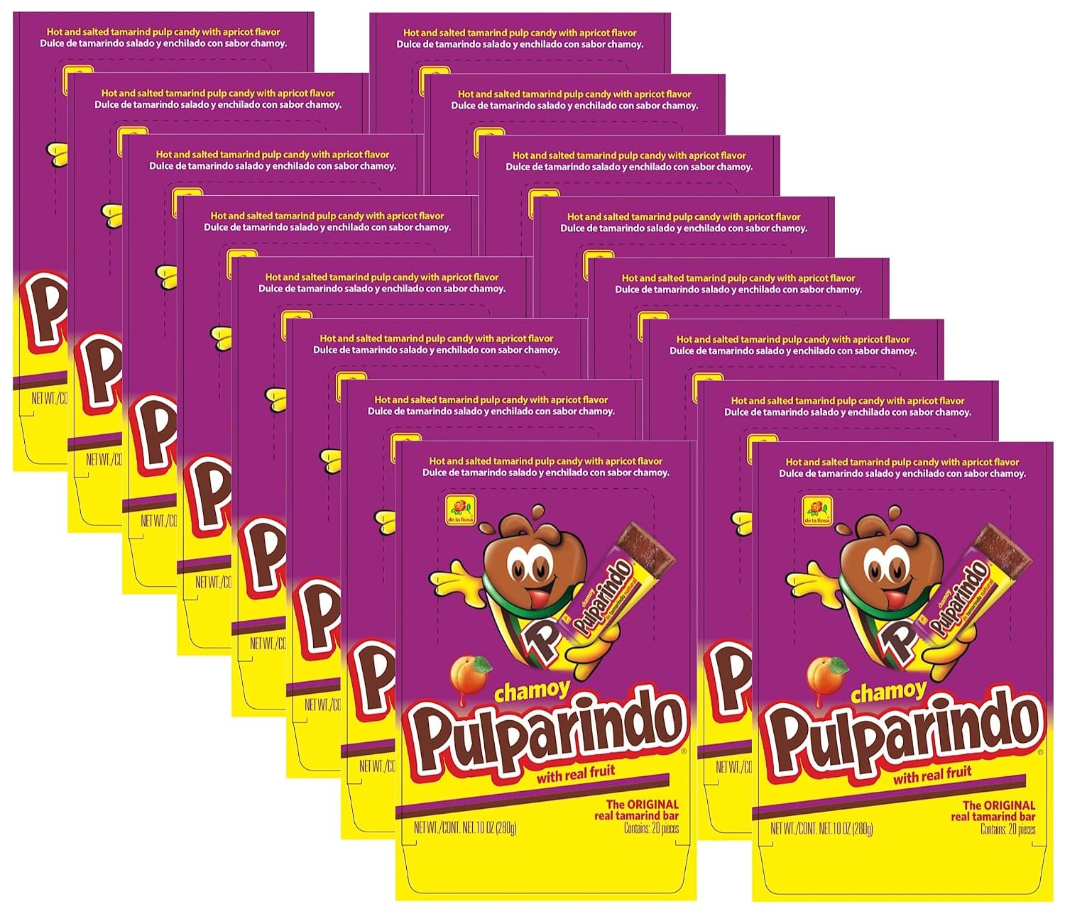 De la Rosa Pulparindo Chamoy Tamarind Candy Bars with Real Fruit, Hot and Salted, 20 Pieces, (Pack of 16)