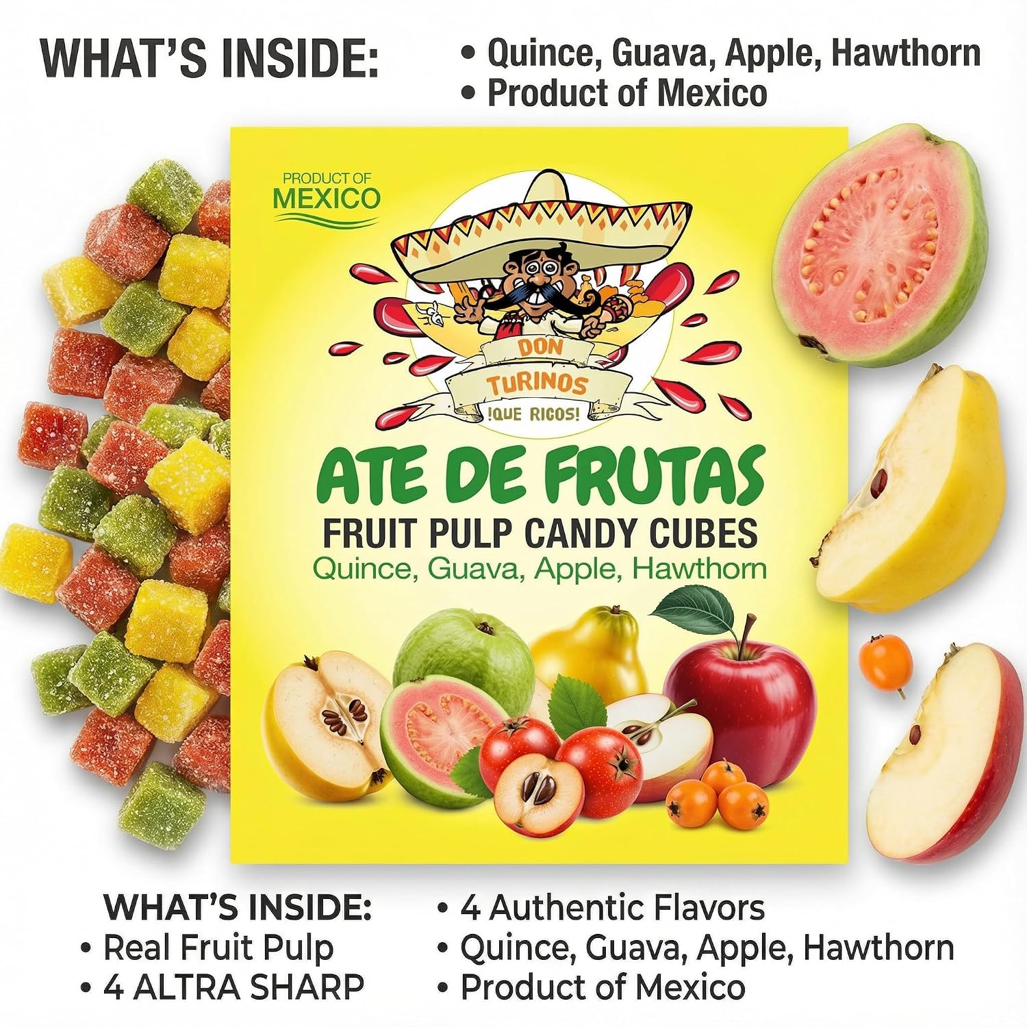 Mexican Candy Fruit Cubes - Ate de Frutas with Guava, Quince, Apple, Hawthorn, Authentic Fruit Pulp Candy, Gluten-Free Sweets By Don Turinos
