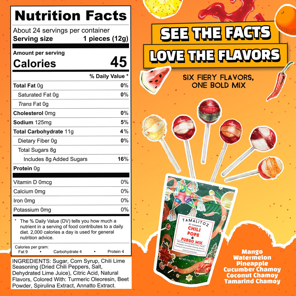 Tamalitoz Chili Pops Chamoy Spicy Mexican Lollipops with Chili, Lime, Sea Salt, Coconut, Tamarind & Cucumber Flavors Fruity Handcrafted Candy, Gluten-Free, Kosher, 2 Bags, (11oz)