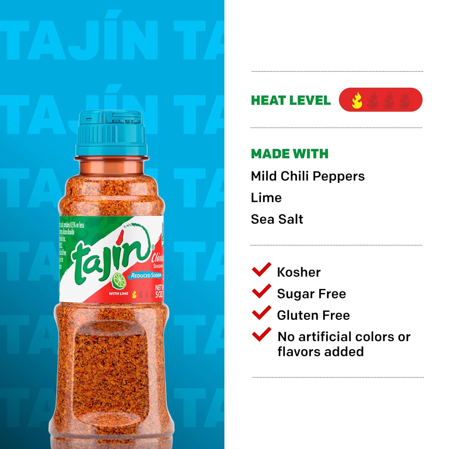 Tajin Clásico Reduced Sodium Seasoning, Authentic Mexican Chile Lime Spice Blend for Fruit, Vegetables, Salad Bowls, Avocado, Cucumber, and Fresh Produce, Zesty Flavor Enhancer, 5 oz, (Pack of 1)
