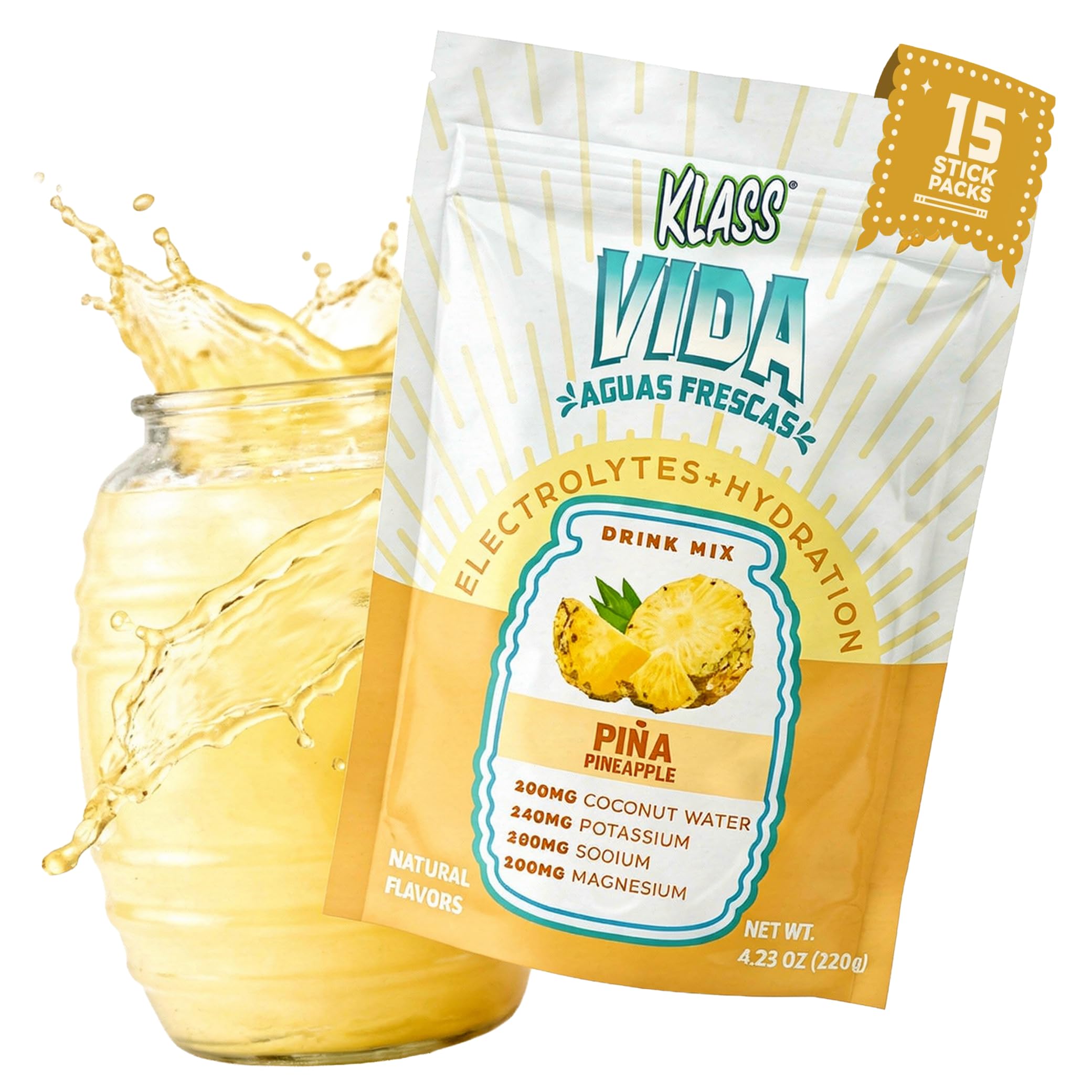 KLASS VIDA Daily Hydration Pineapple Agua Fresca Electrolyte Powder Packets | Sugar Free Electrolyte Drink Mix | Hydration Packets with Coconut Water & Minerals | 15 Stick Packs