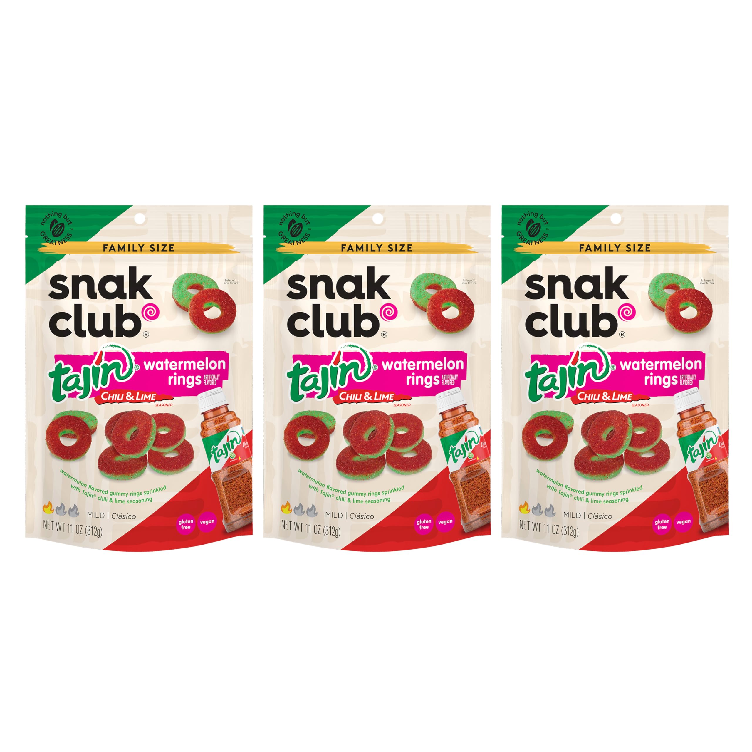 Snak Club Tajin Pineapple Rings Gummy Candy, Fruit Candy Gummies with Chili and Lime Seasoning, Mild, Gluten-Free and Vegan Snacks, 11 oz Resealable Bag