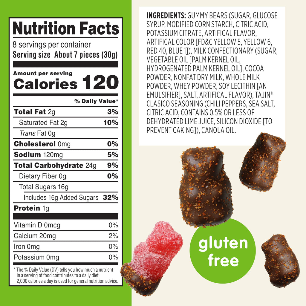 Snak Club Tajin Chocolatey Gummy Bears, Assorted Chocolate Covered Fruit Candy Gummies with Chili and Lime Seasoning, Mild, Gluten-Free Snacks, 8 oz Resealable Bag