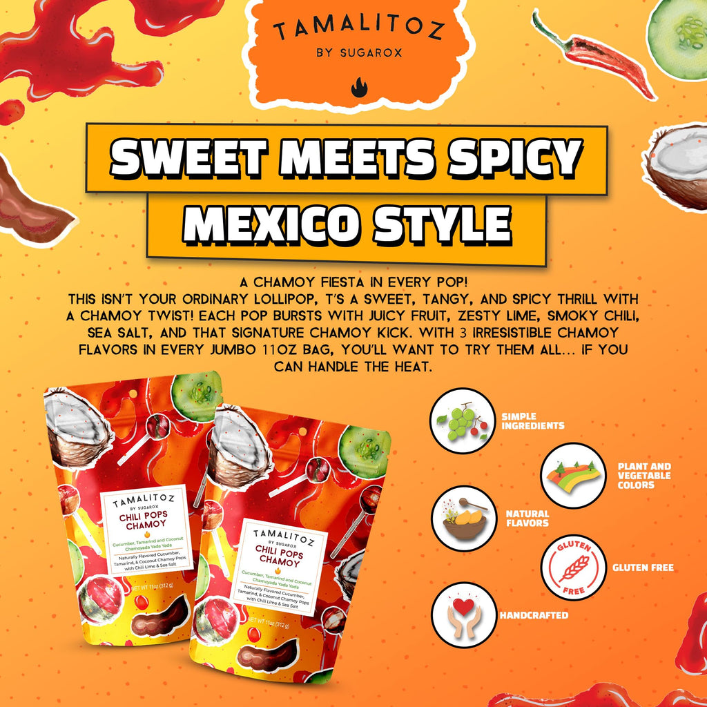 Tamalitoz Chili Pops Chamoy Spicy Mexican Lollipops with Chili, Lime, Sea Salt, Coconut, Tamarind & Cucumber Flavors Fruity Handcrafted Candy, Gluten-Free, Kosher, 2 Bags, (11oz)