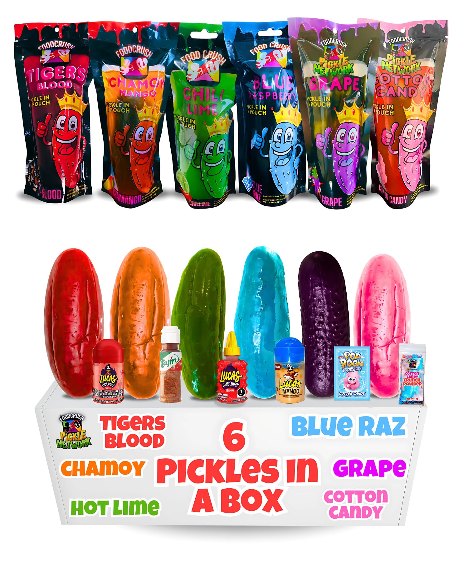 Chamoy Pickle Jumbo Dill Pickles In A Pouch Sampler Gift Box (Pack of 4) W/Chamoy, Super Hot & Spicy Chili Lime, Blue Raspberry, Tigers Blood-Box for College Care Packages Tiktok Trend Items snack
